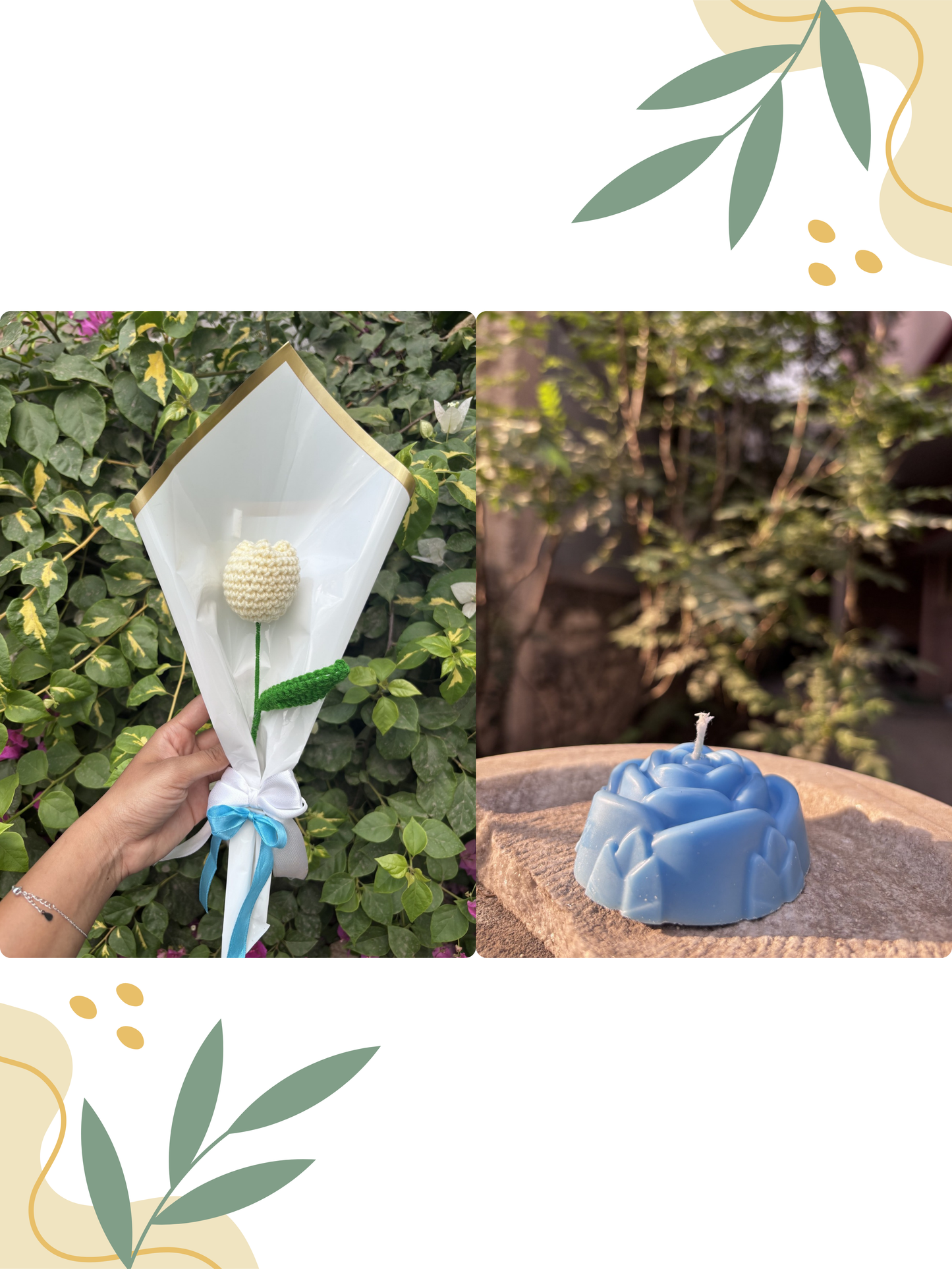 White Tulip Crochet | Blue Rose Scented Candle | Combo