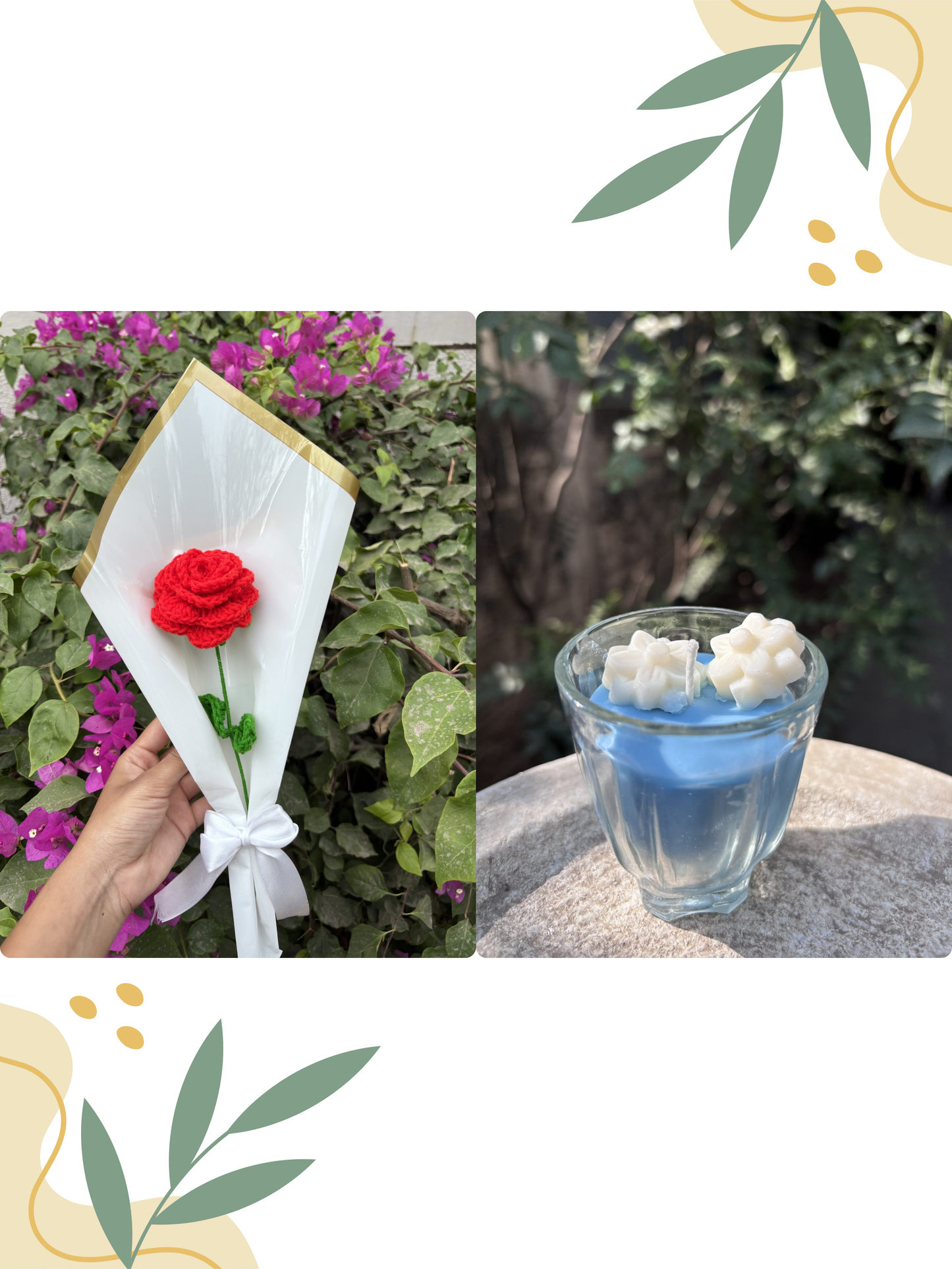 Red Rose Crochet | White Tulip Scented Candle | Combo