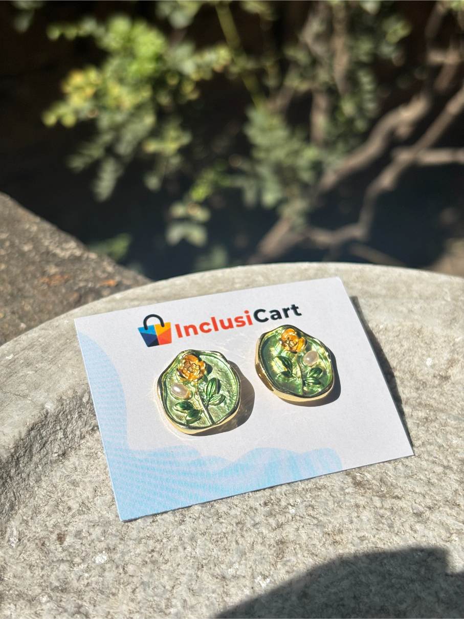 Anti tarnish Earrings | Green Floral Design