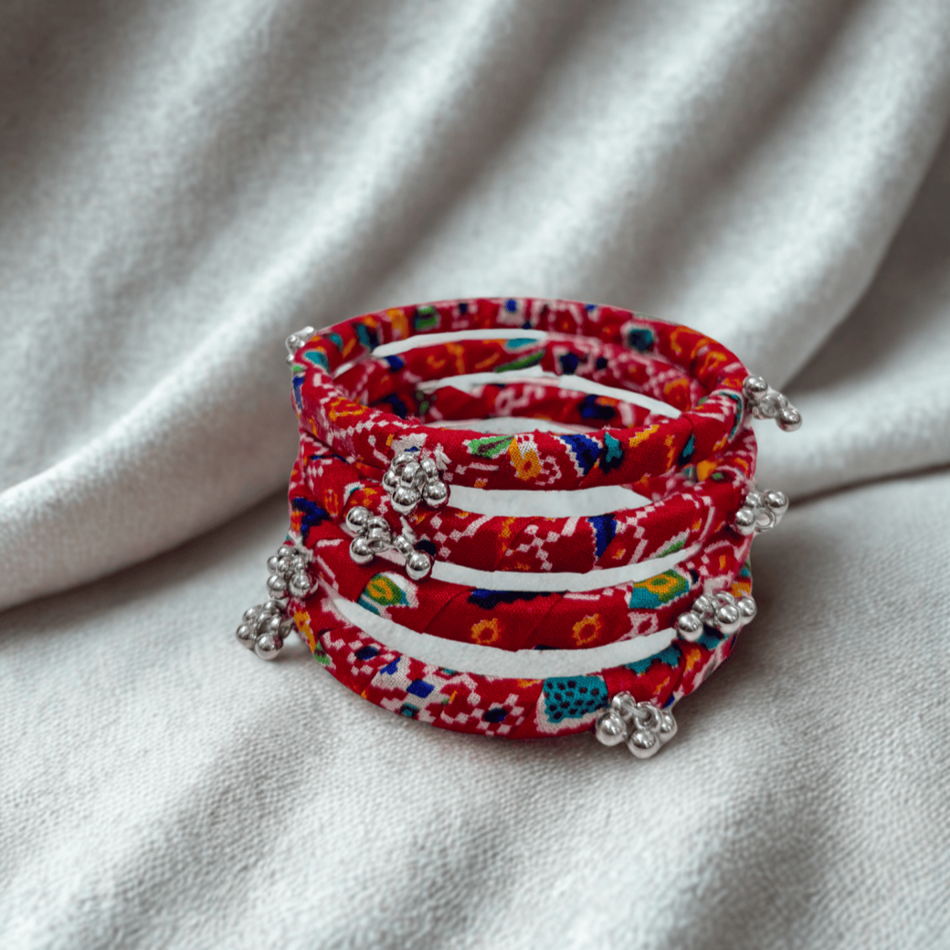 Bandhani Red Fabric Bangles with Ghungroo | Set of 4