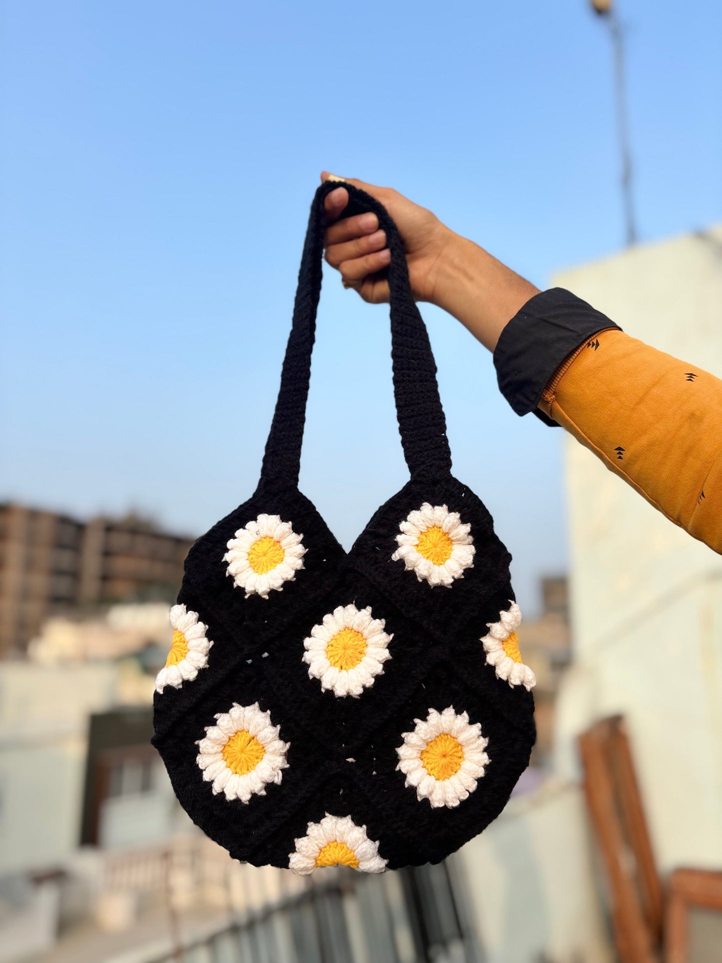 Crochet Tote Bag | Black White Daisy Handmade Crochet Tote Bag for Women