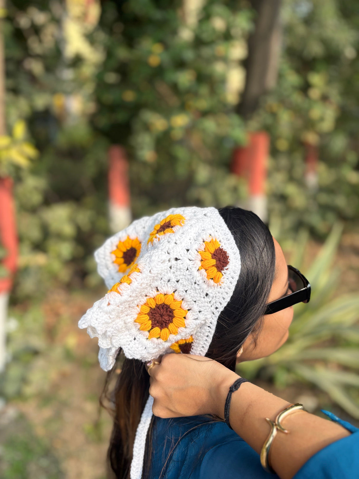 Crochet Bandana | White with Sunflower Design