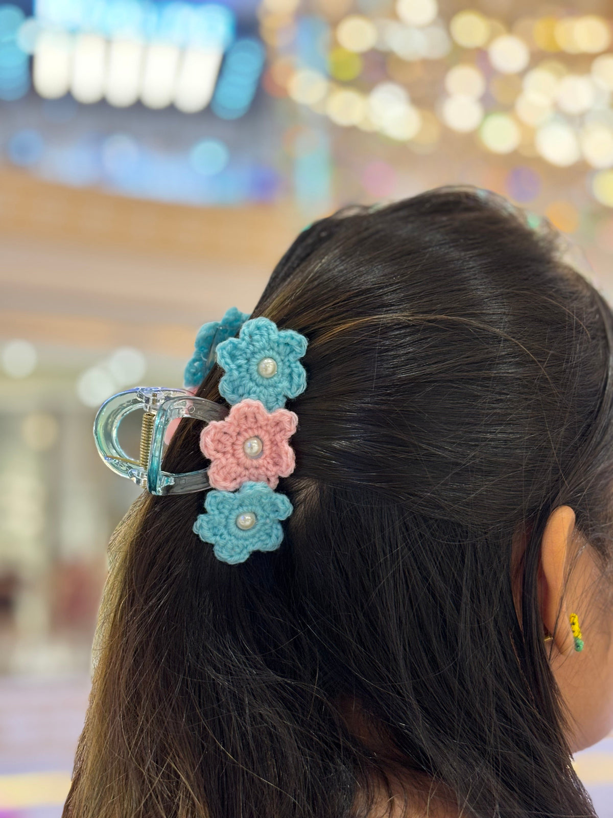 Crochet Clutcher | Triple Flower | Multi Color Blue Baby Pink Flower