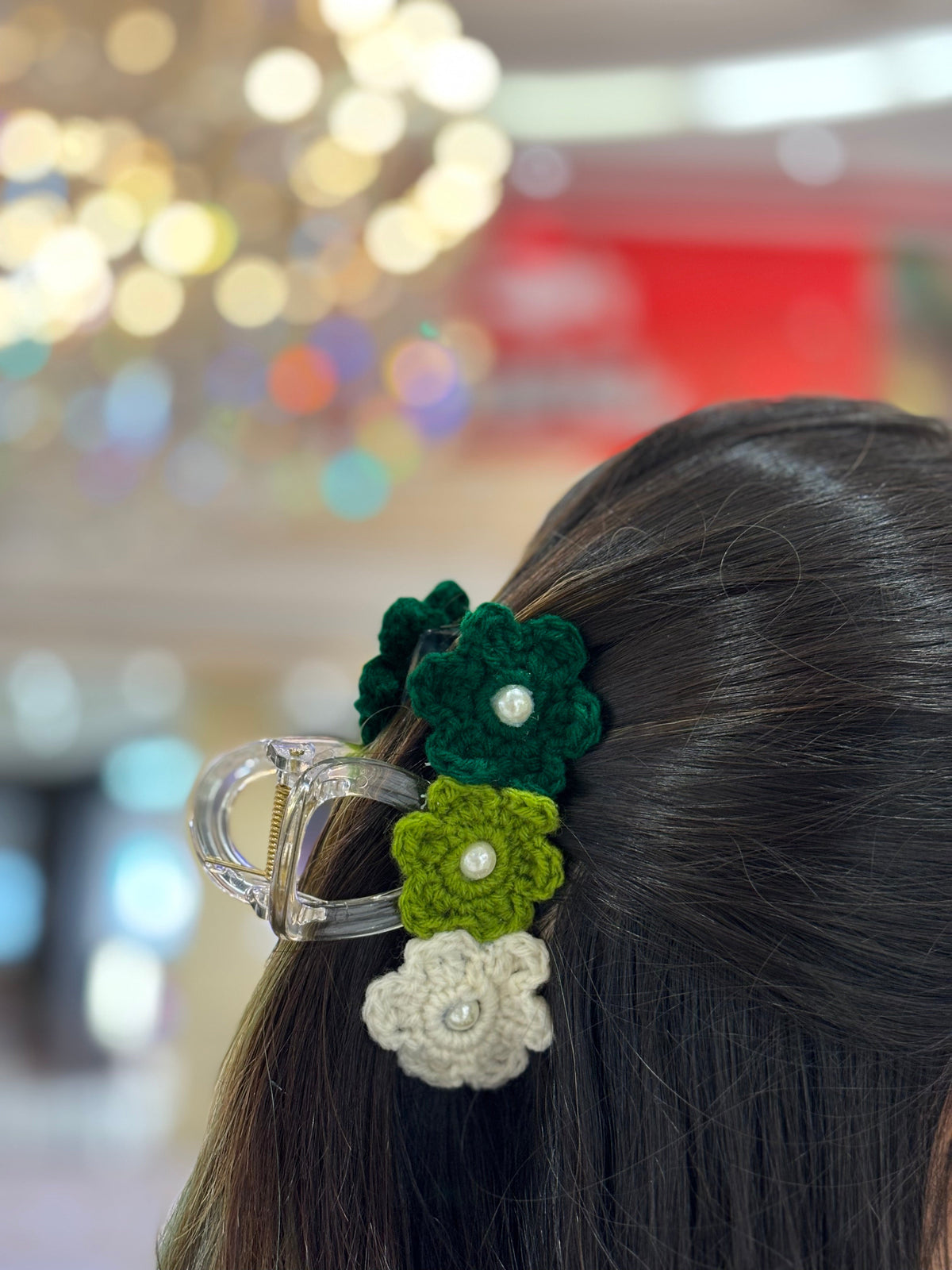 Crochet Clutcher | Triple Flower | Multi Color Green White Flower