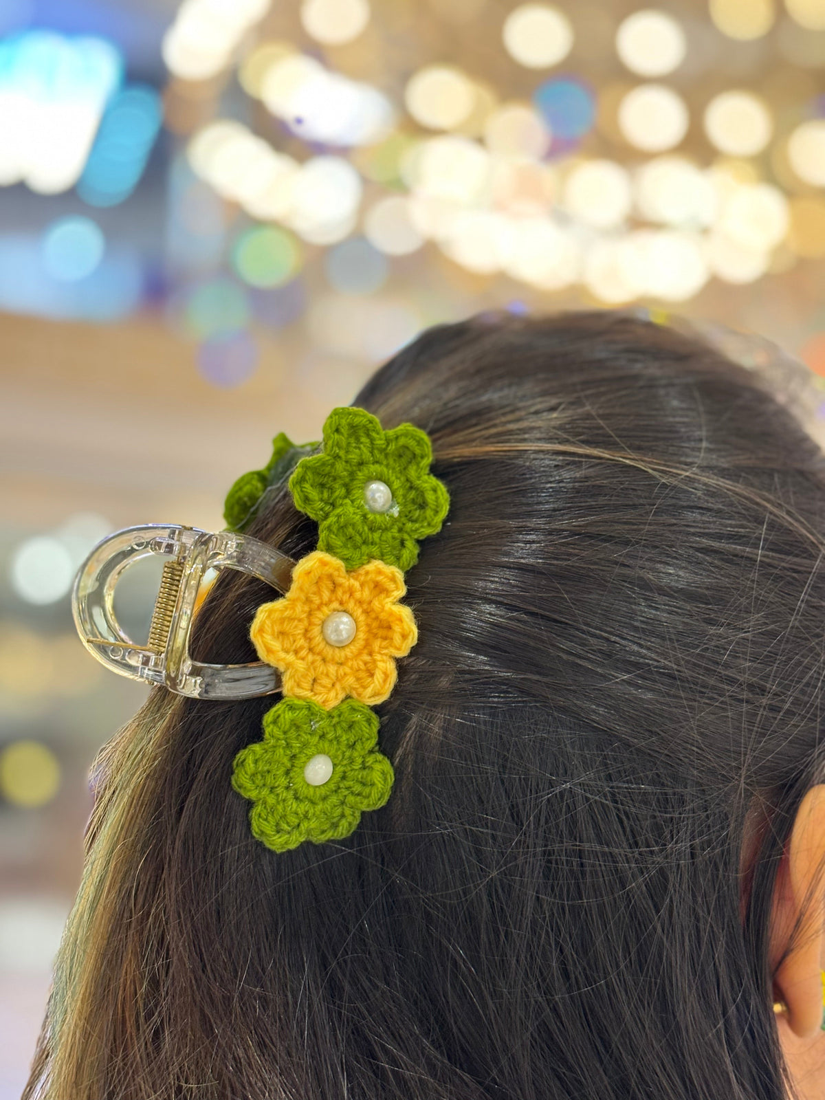 Crochet Clutcher | Triple Flower | Multi Color Green Yellow Flower