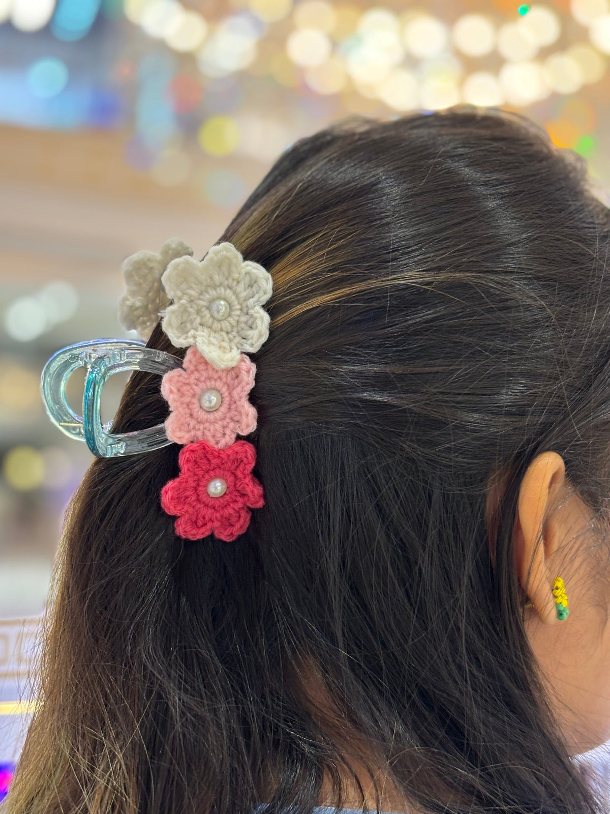 Crochet Clutcher | Triple Flower | Multi Color White Baby Pink Cherry Flower