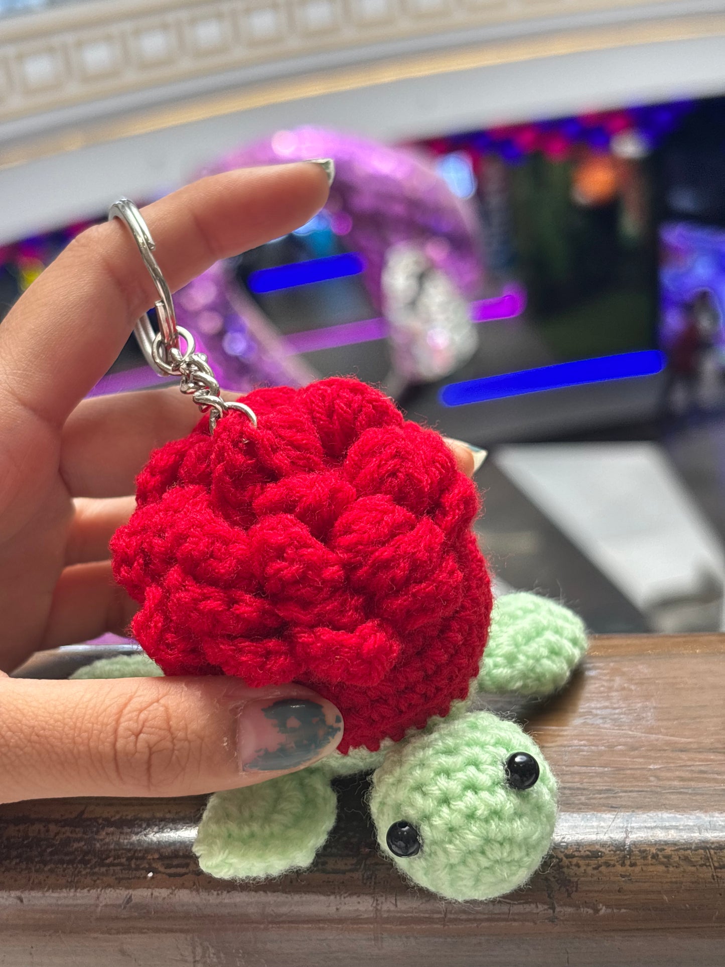 Crochet Keychain | Turtle | Green with Rose Flower Back