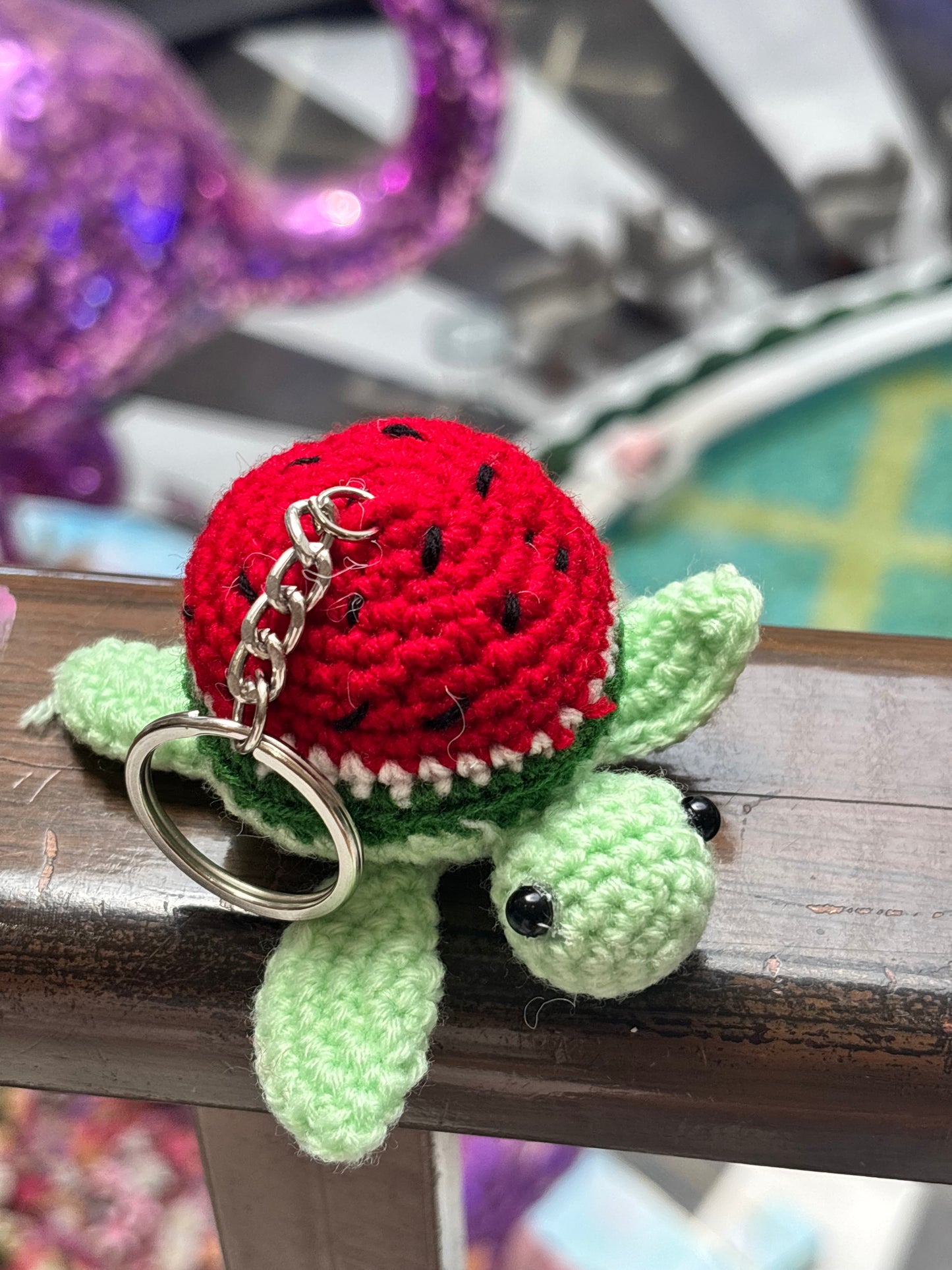 Crochet Keychain | Turtle | Green Turtle with Watermelon Back