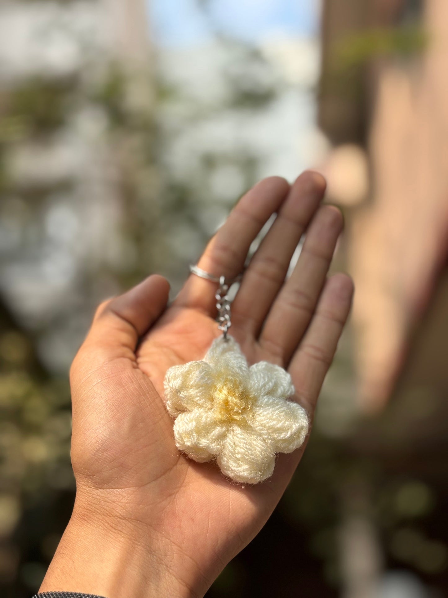 Crochet Keychain | Puff Flower | White With Brown Dot