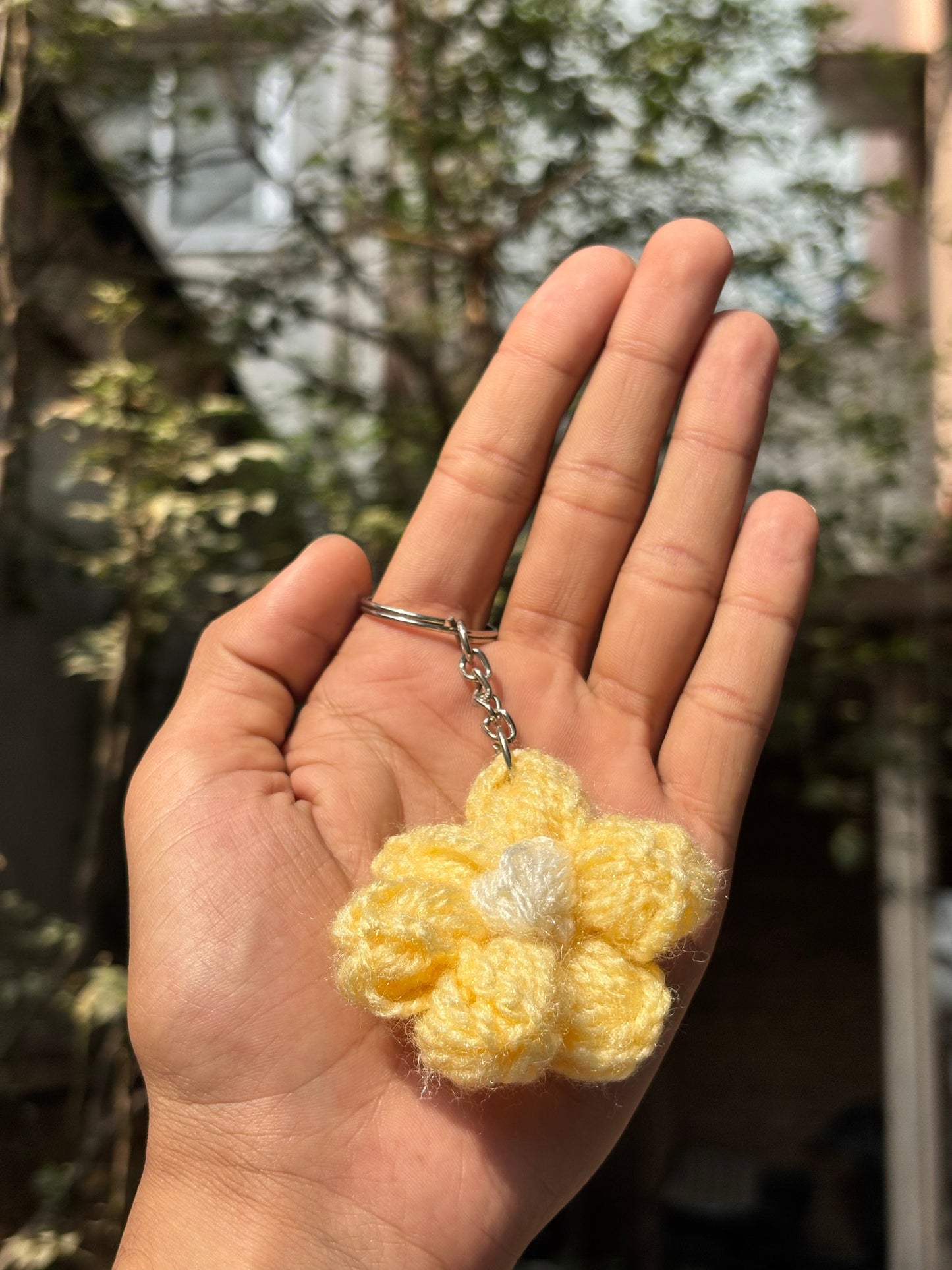 Crochet Keychain | Puff Flower | White With Brown Dot