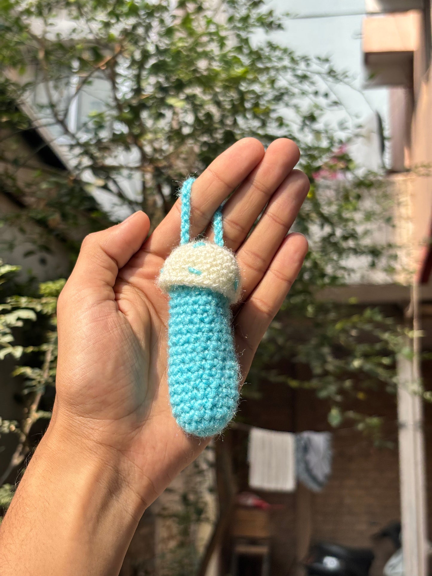 Crochet Lipstick Holder | Mushroom Design Blue Holder with White Top