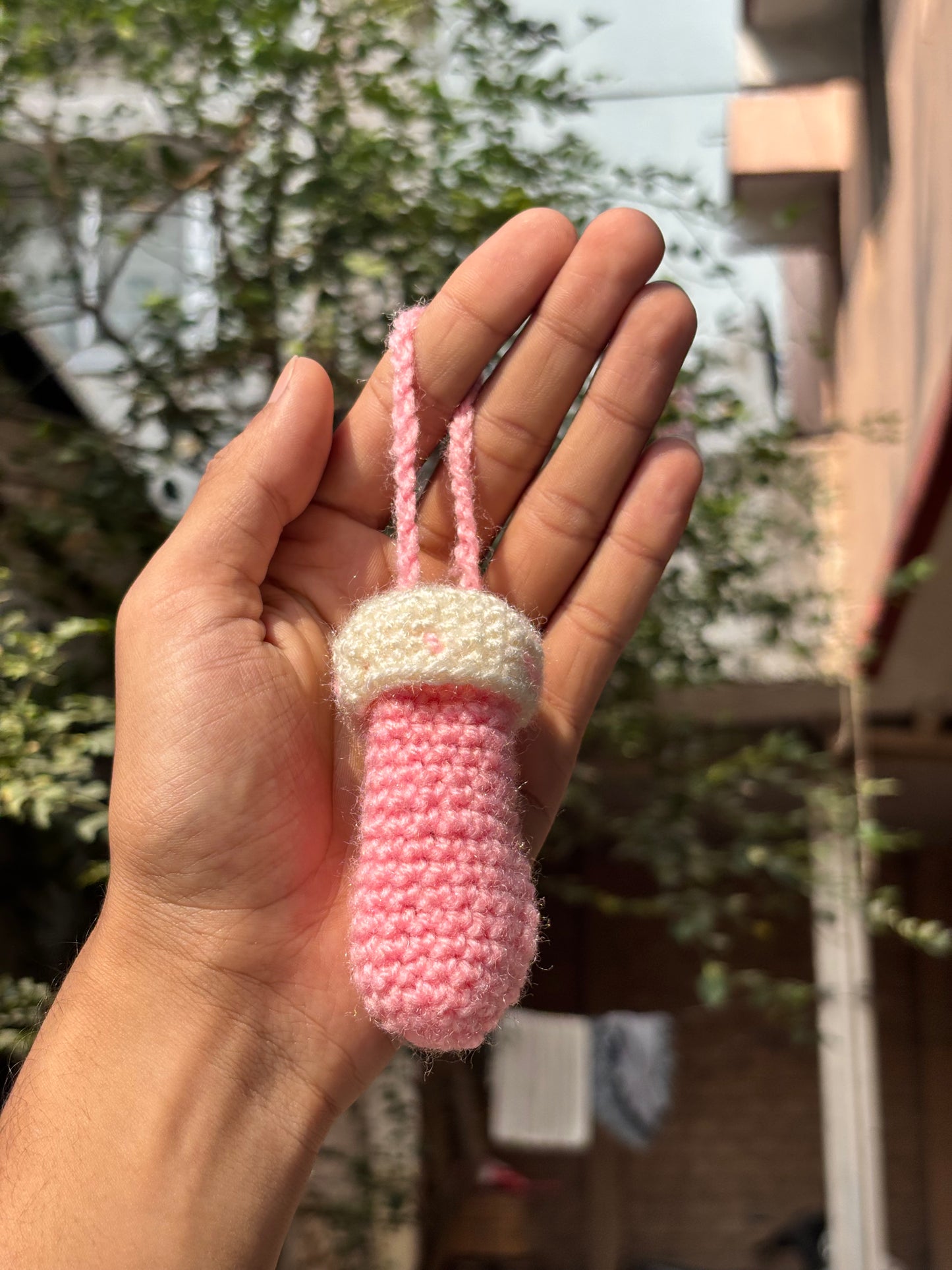 Crochet Lipstick Holder | Mushroom Design Pink Holder with White Top