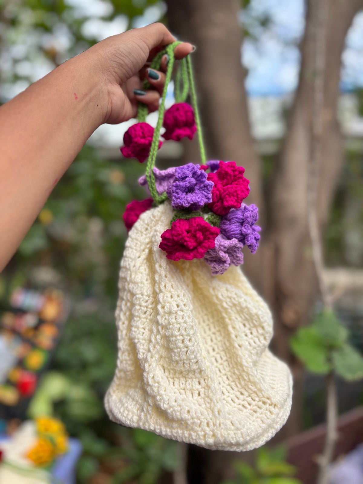 Crochet Potli Bag | Purple Bell Flowers
