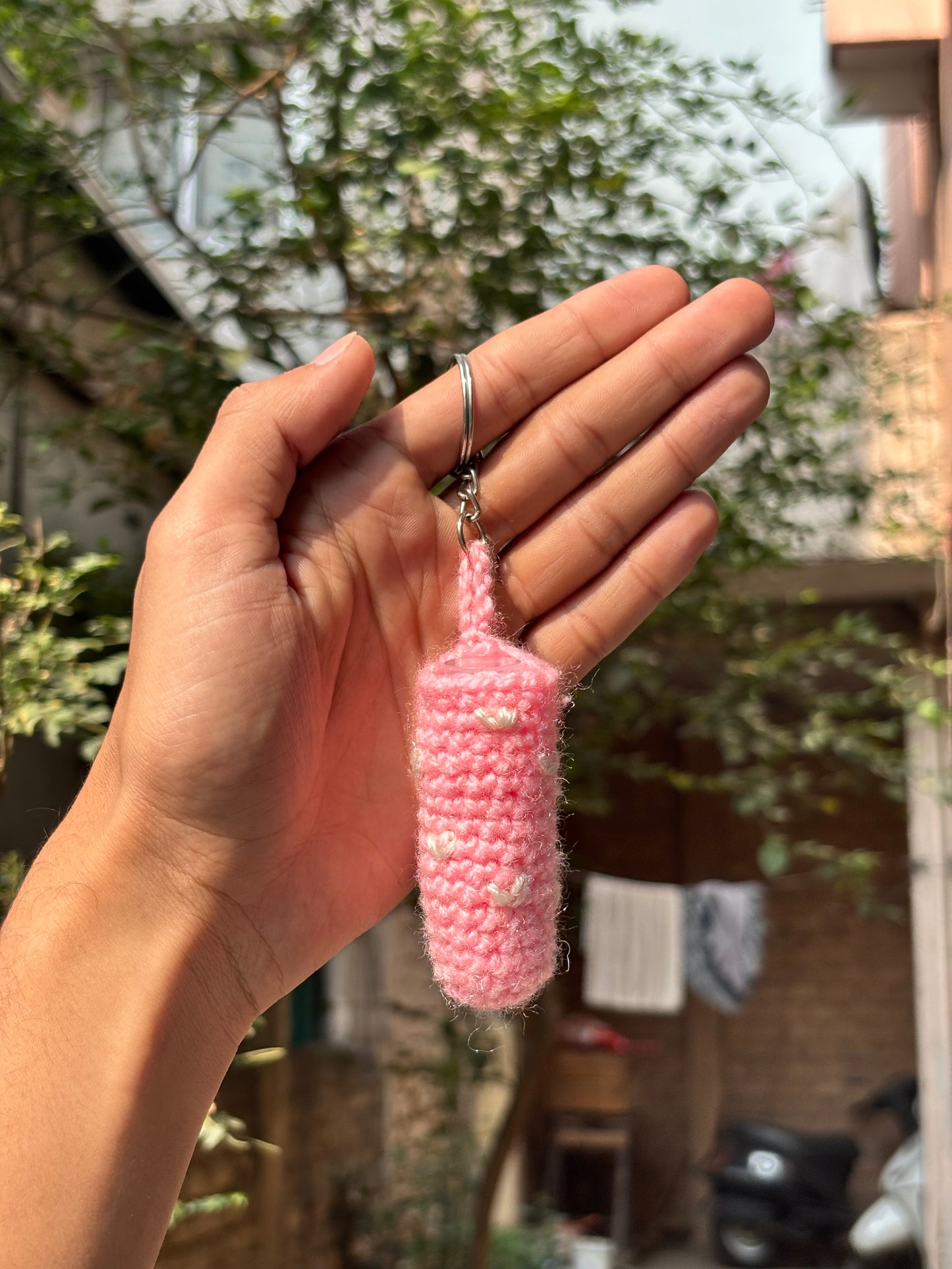 Crochet Lipstick Holder | Pink Handmade Holder with White Heart