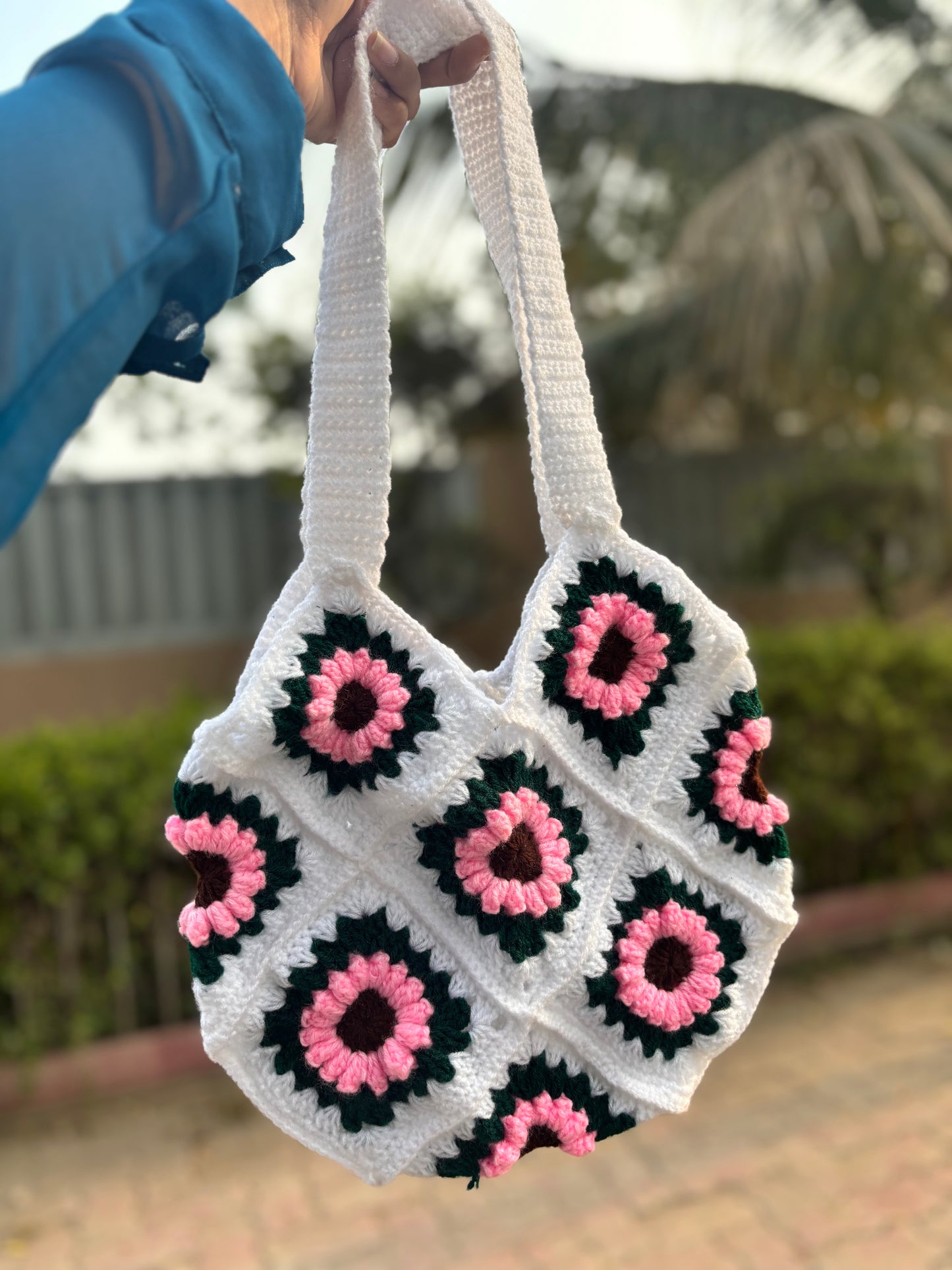 Crochet Tote Bag | Green & Pink Granny Square