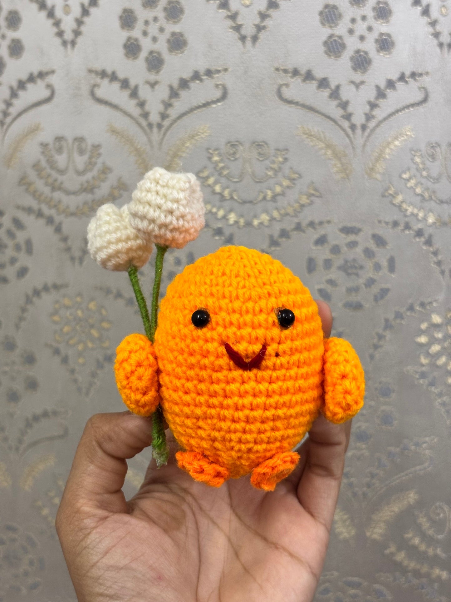 Crochet Keychain | Cute Chick | Orange with Tulip Flower