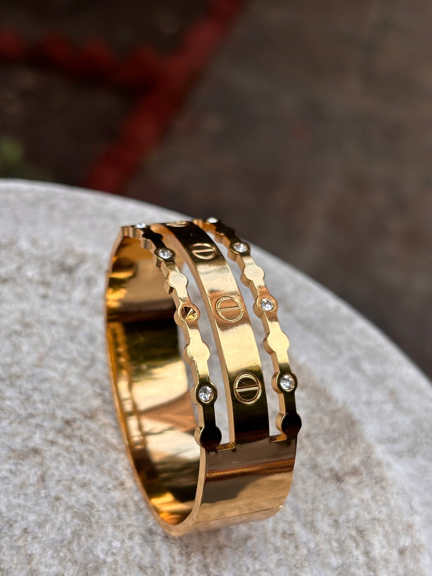 Gold Triple Layer Bangle with Stone Detailing
