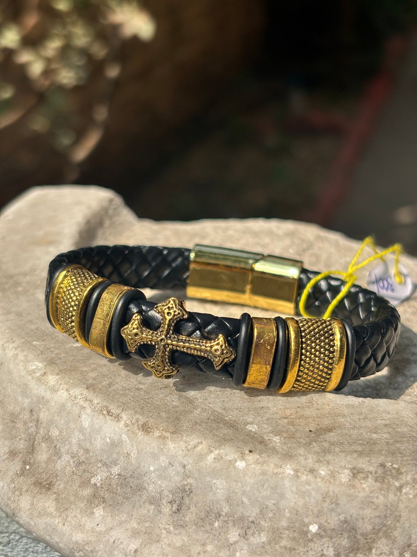 Mens Leather Bracelet | Gold Cross Charm Leather