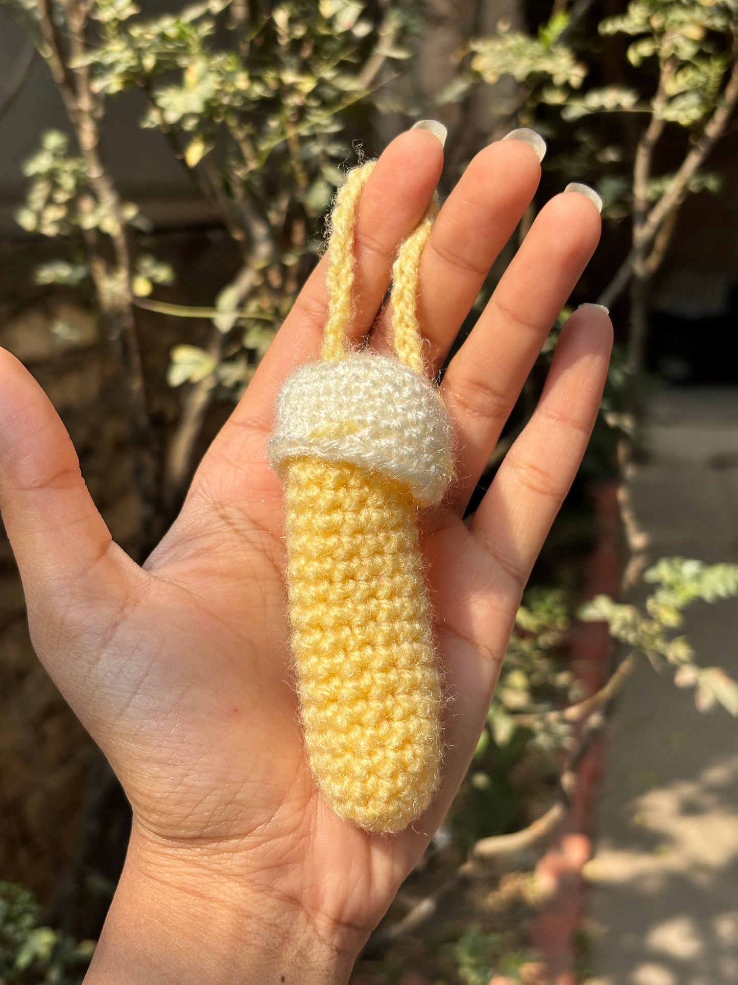 Crochet Lipstick Holder | Mushroom Design Yellow Holder with White Top