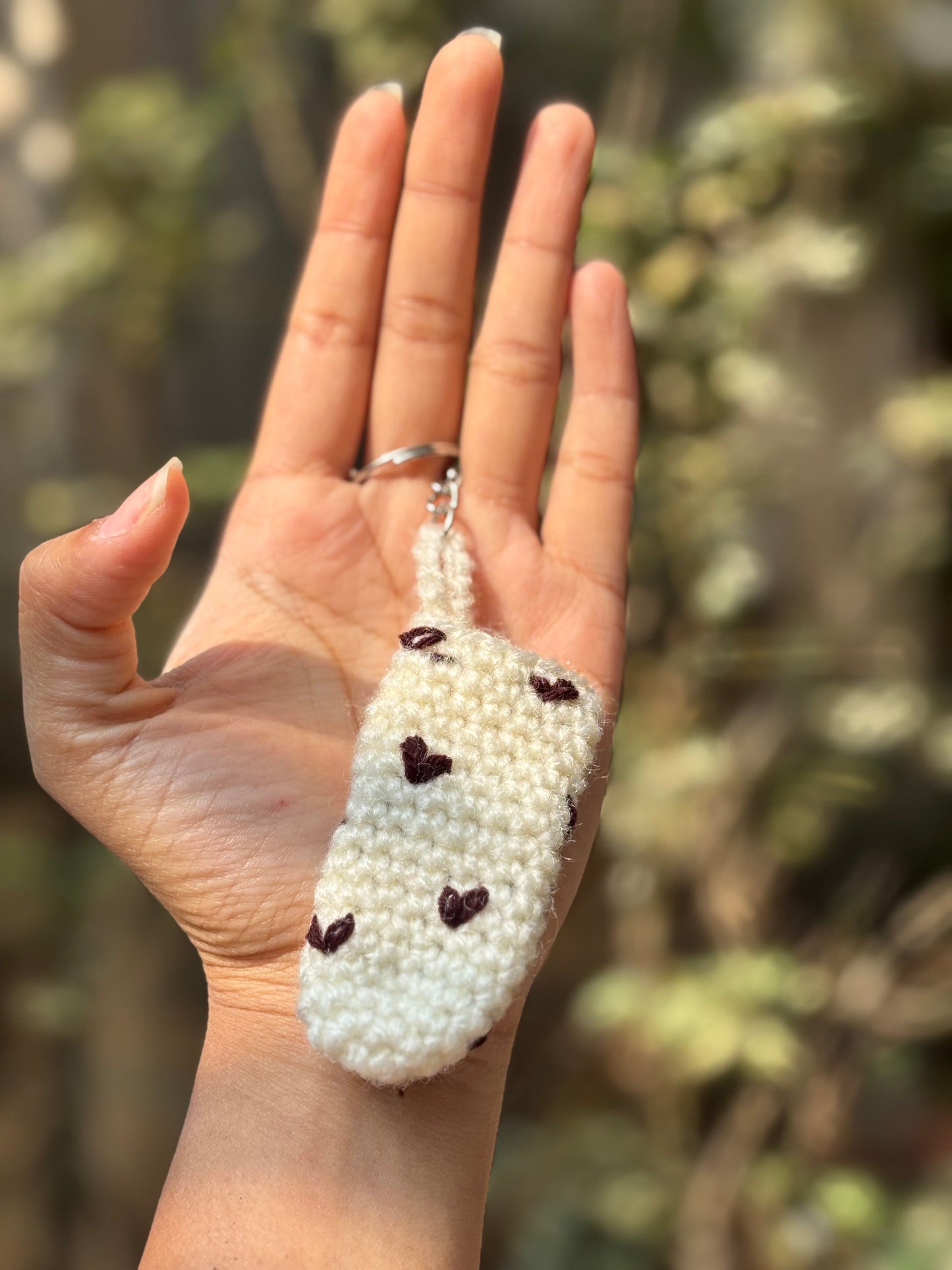 Crochet Lipstick Holder | White Handmade Holder with Brown Heart