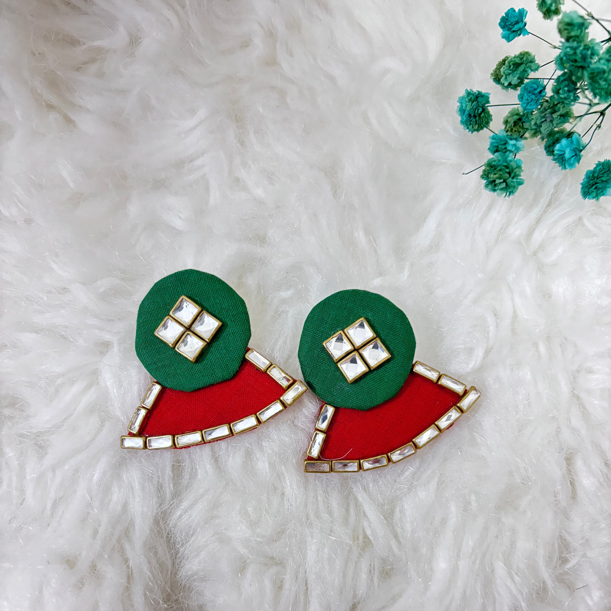Green and Red Fabric kundan Earrings