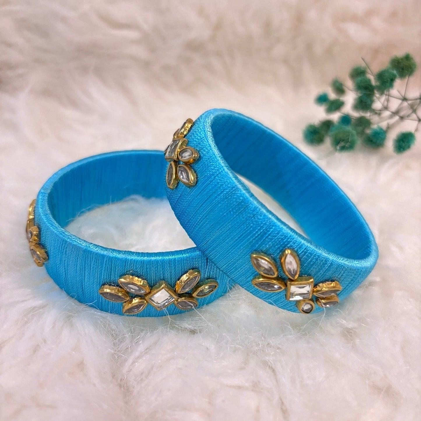 Blue Kundan Work Thread Bangles