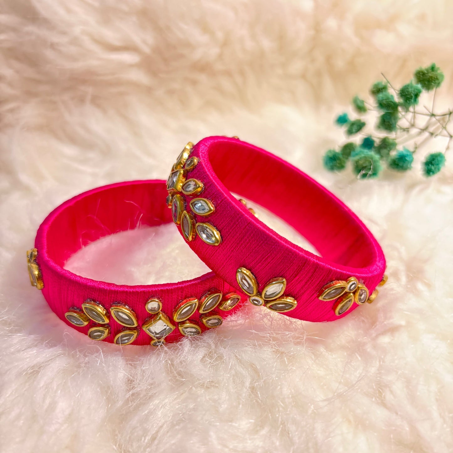 Pink Kundan Work Thread Bangles