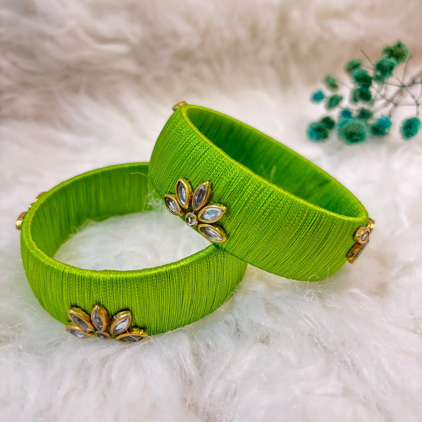 Green Kundan Work Thread Bangles