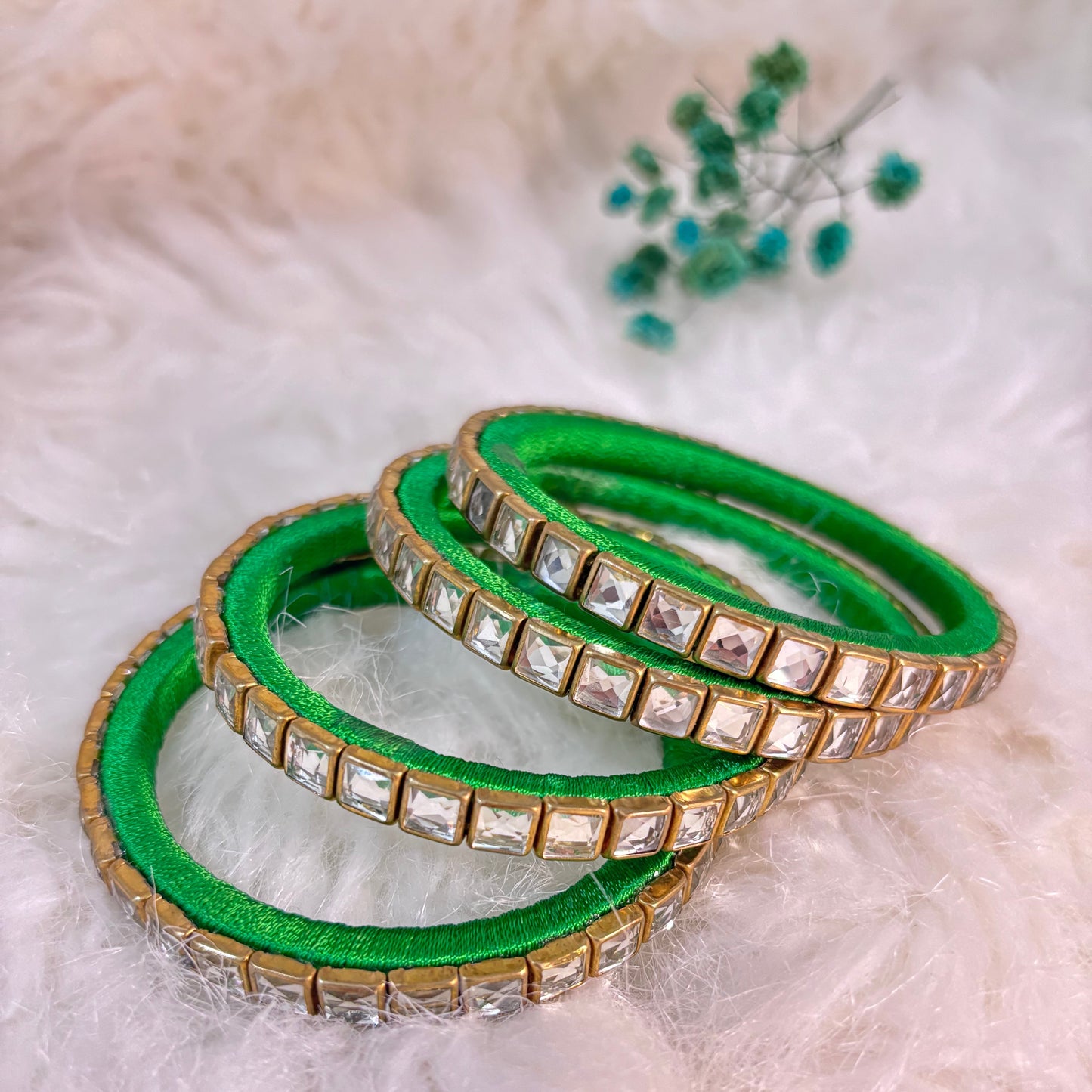 Green full kundan work thread bangles | Set of 4
