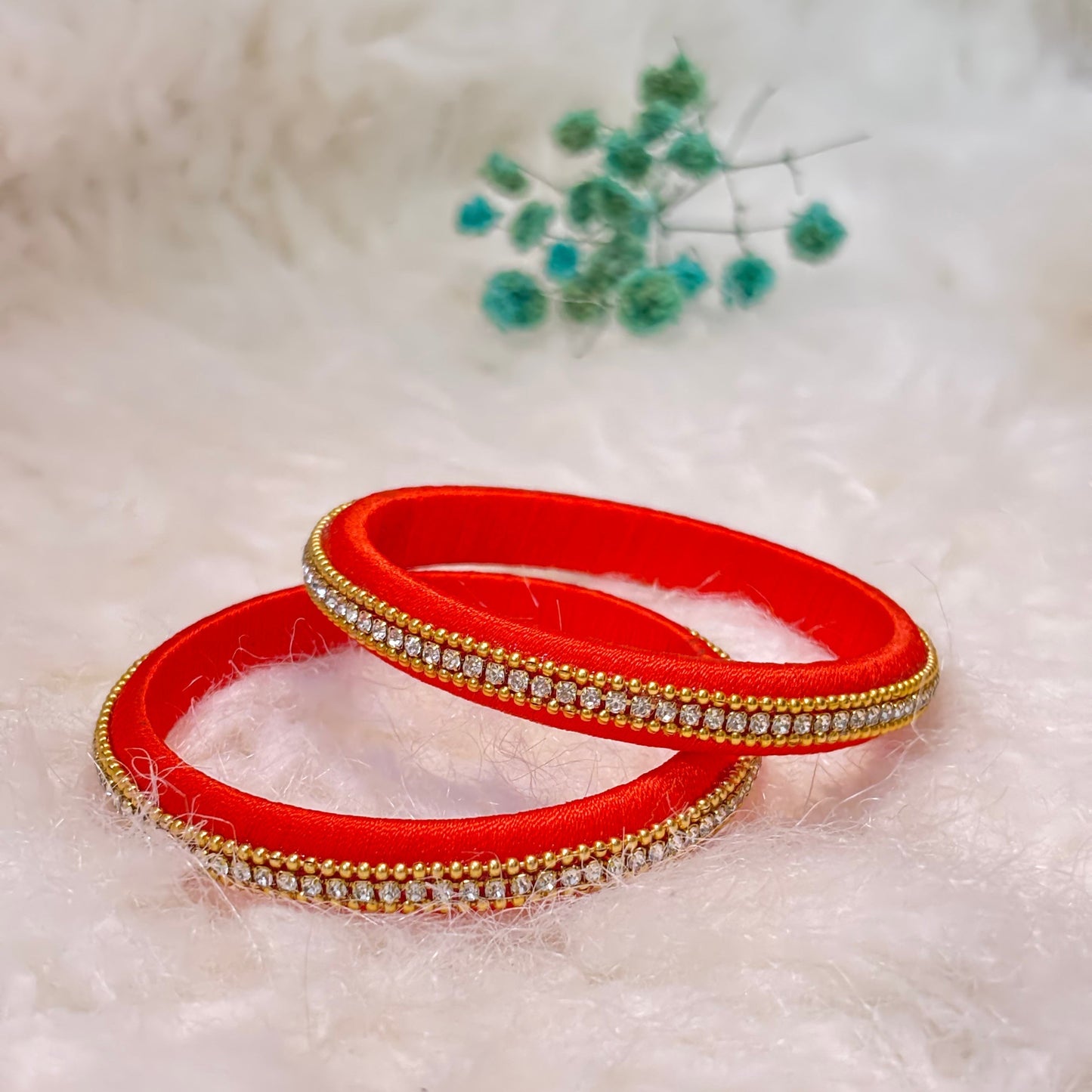 Elegant Stone Work Thread Bangles Orange
