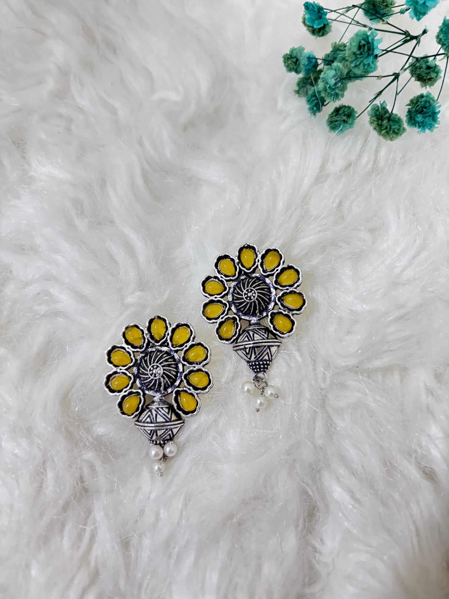 Red Stone Dangler | Yellow Ruby Charm | Oxidised Earrings | Combo