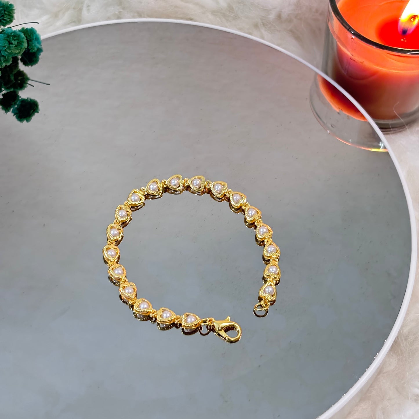 Gold Tone Pearl Chain AD Bracelet