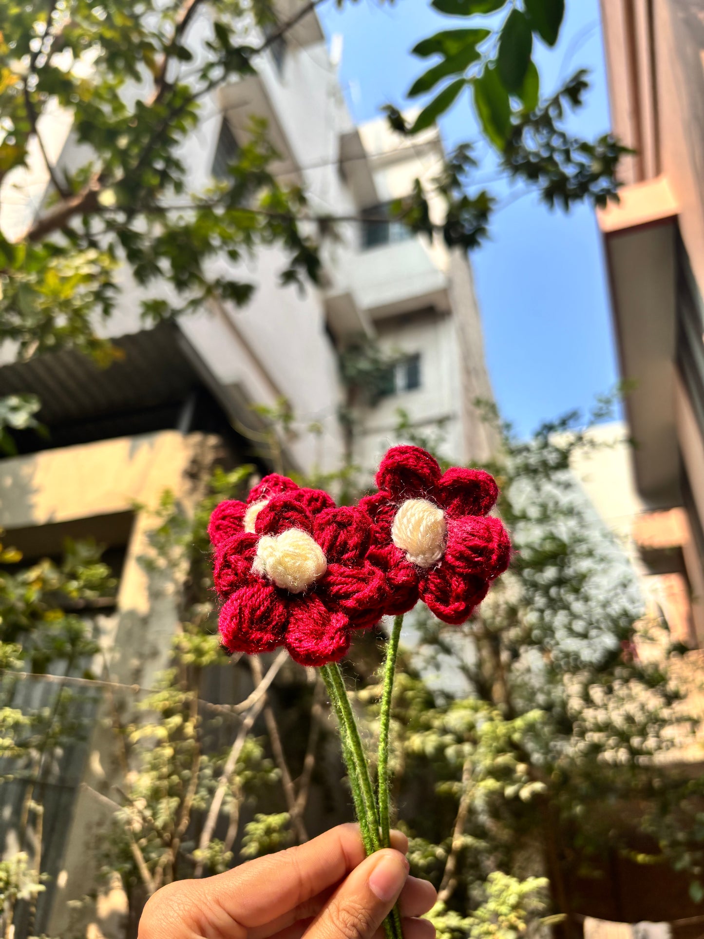 Crochet Puff Flower | Red with White Dot