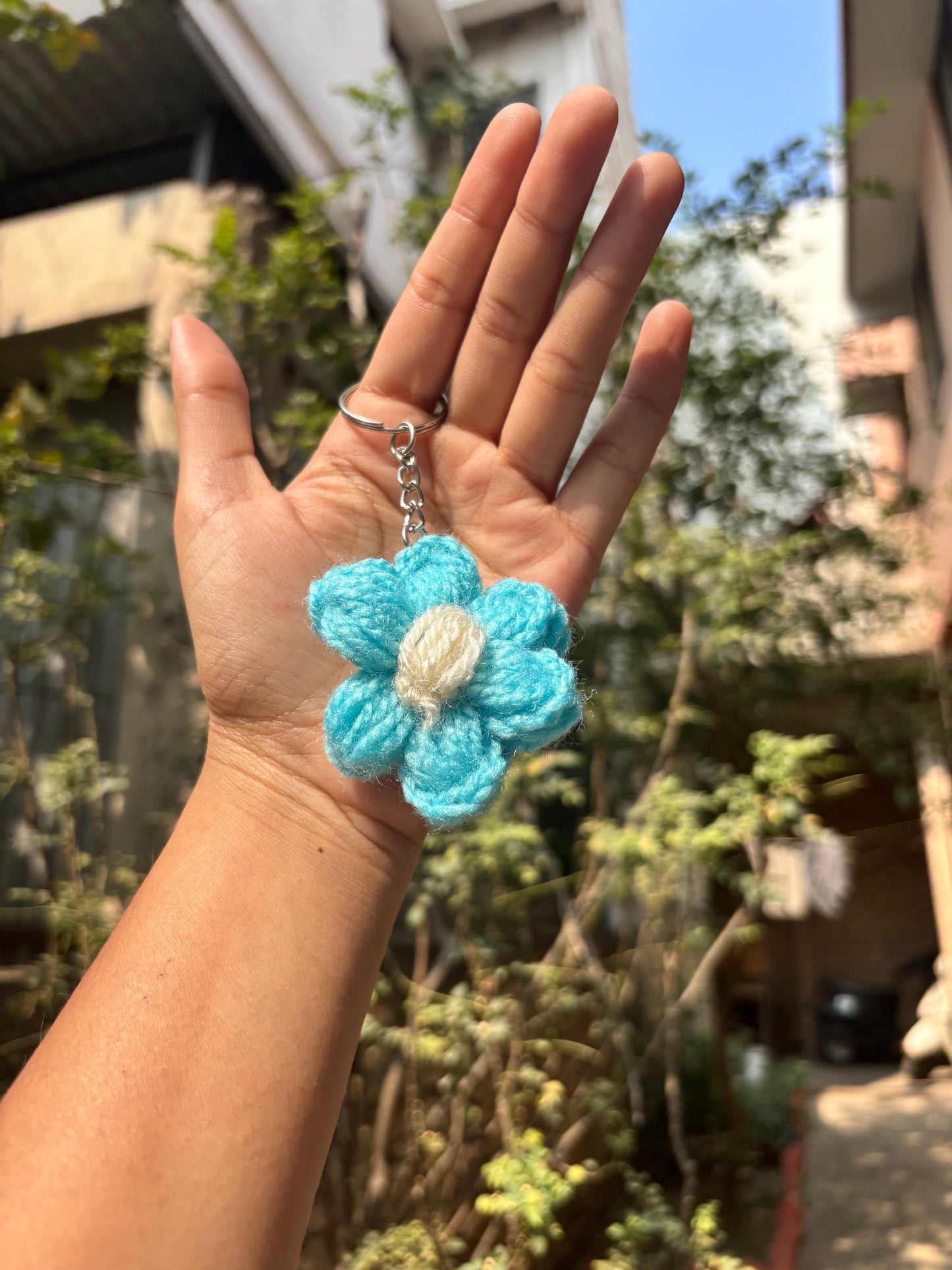 Crochet Keychain | Puff Flower | Blue with white dot