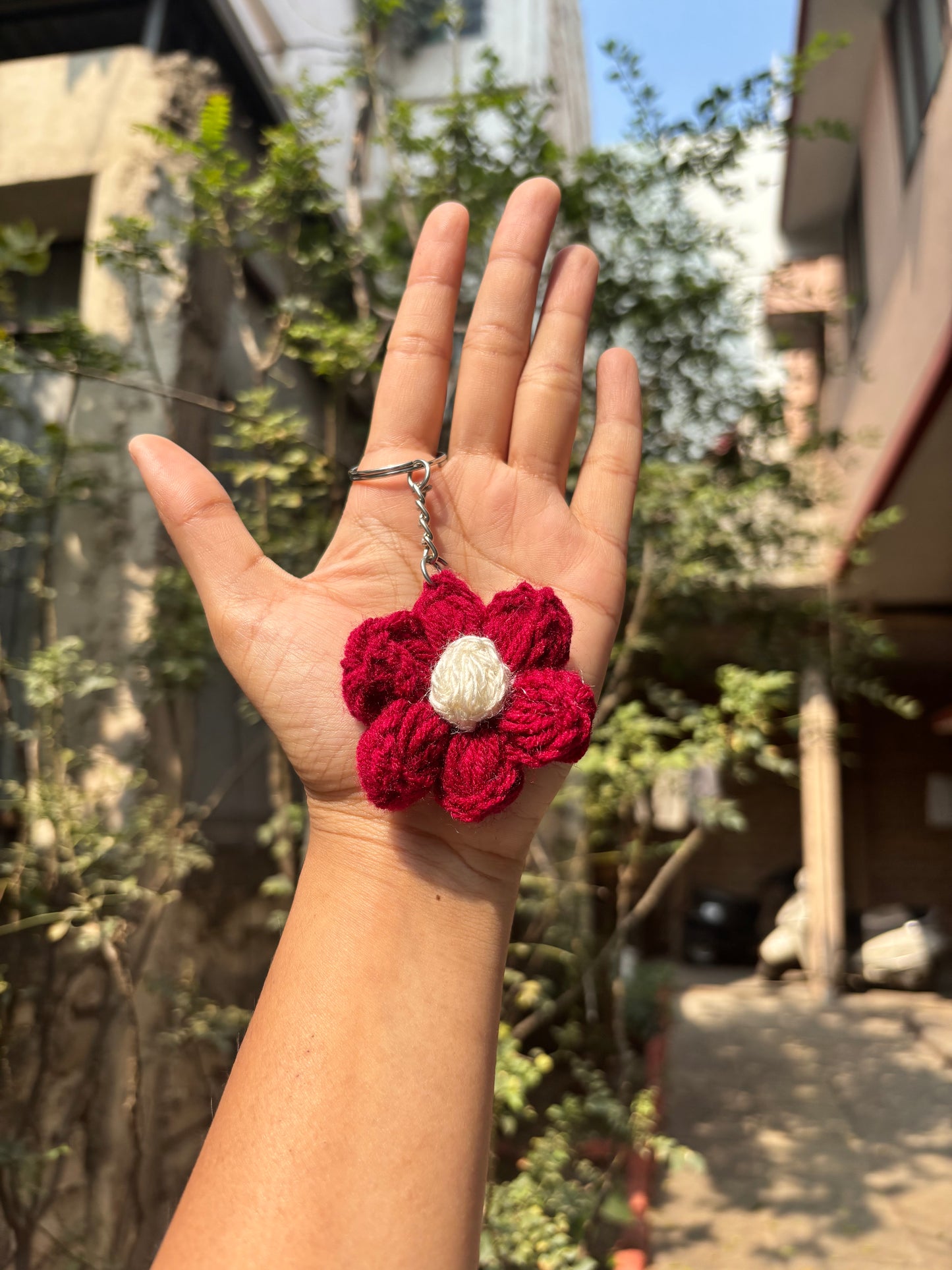 Crochet Keychain Puff Flower | Red With White Dot