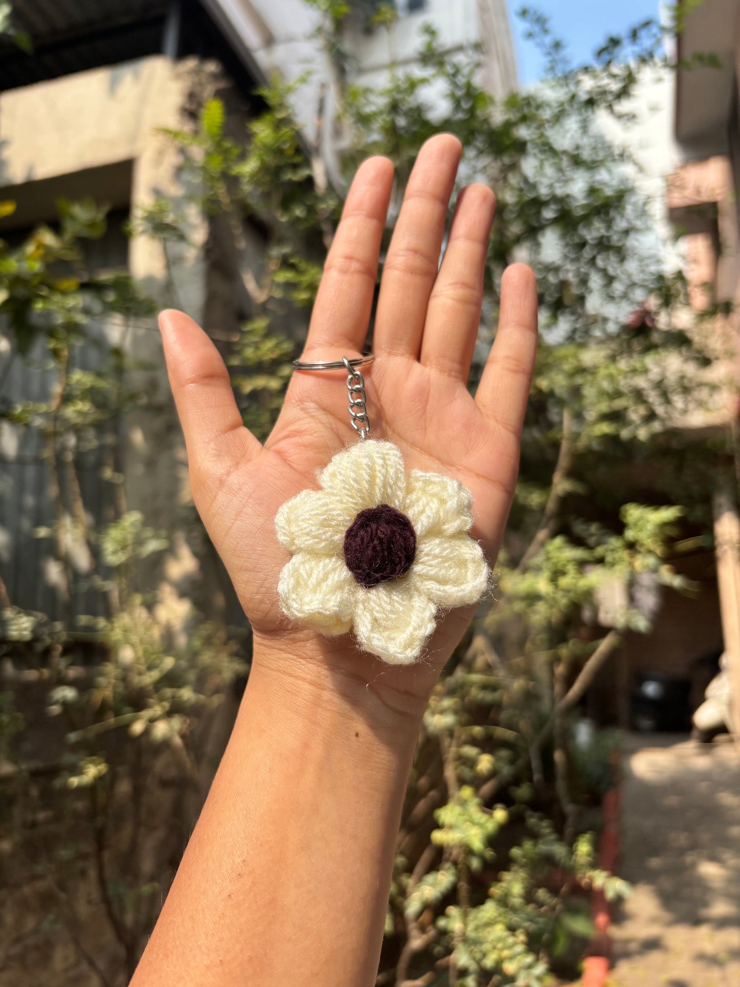 Crochet Keychain | Puff Flower | White With Brown Dot