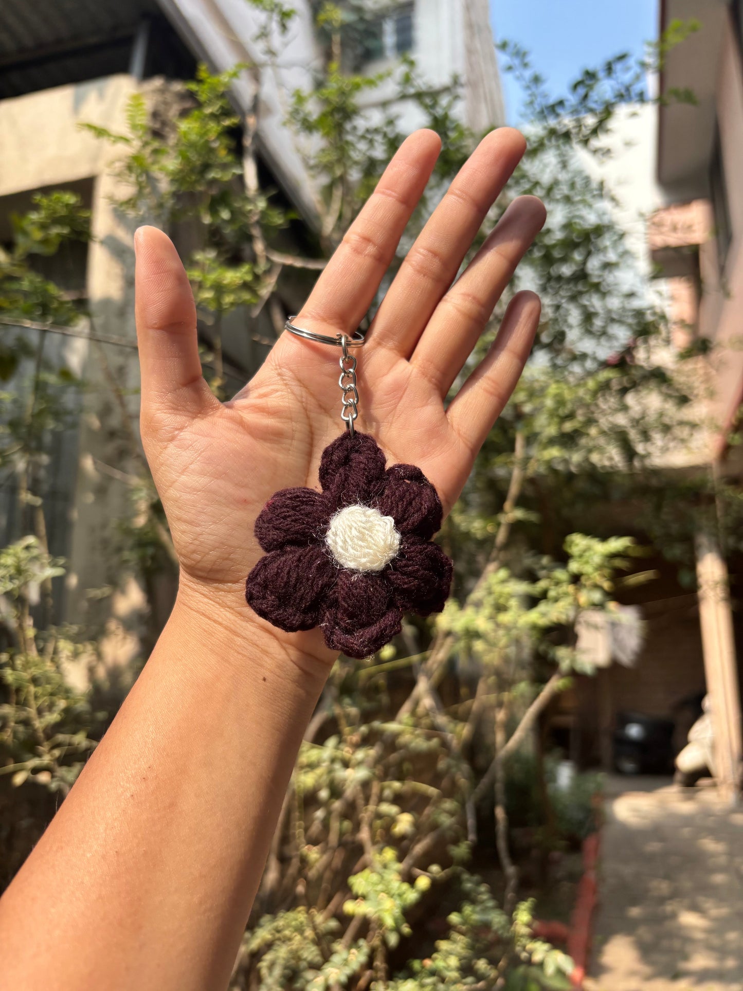 Crochet Keychain | Puff Flower | White With Brown Dot
