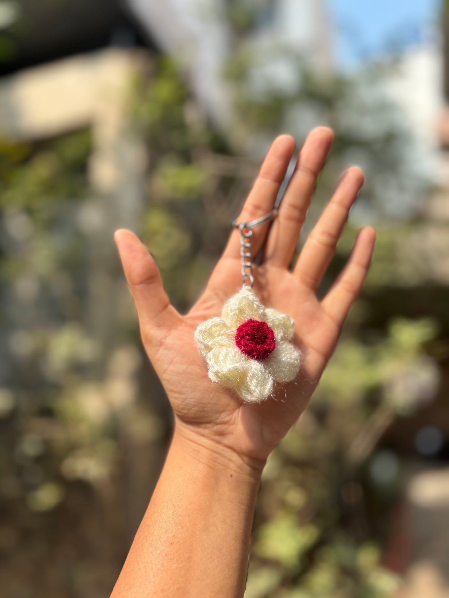 Crochet Keychain | Puff Flower | White With Brown Dot
