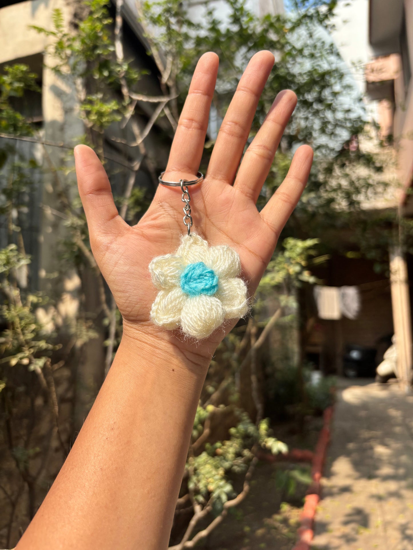 Crochet Keychain | Puff Flower | White With Brown Dot