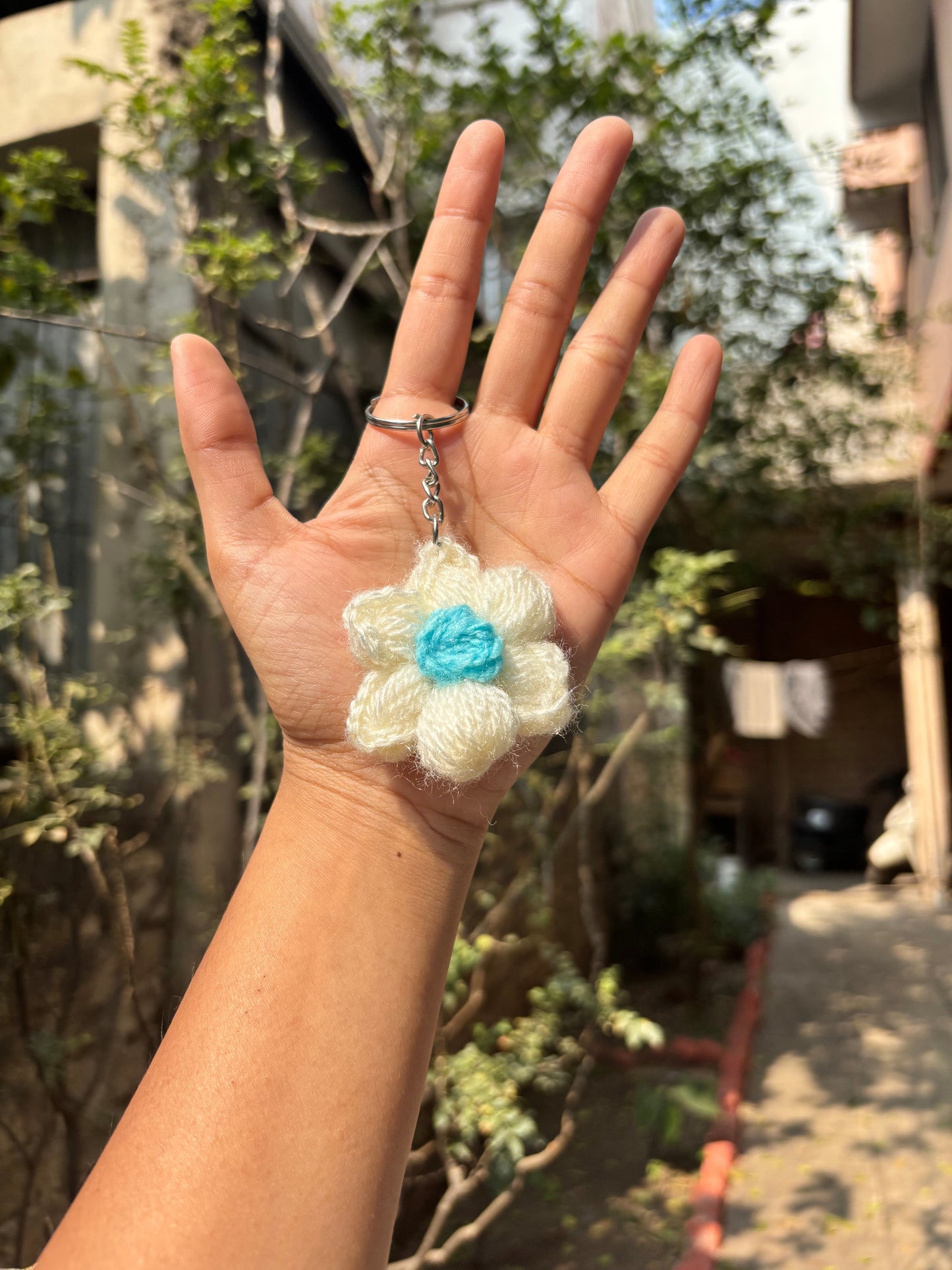 Crochet Keychain | Puff Flower | White With Brown Dot