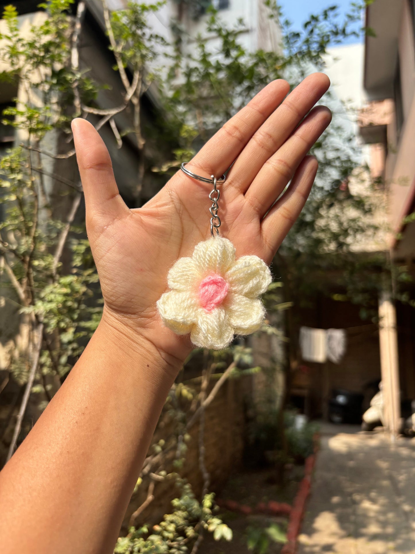 Crochet Keychain | Puff Flower | White With Brown Dot