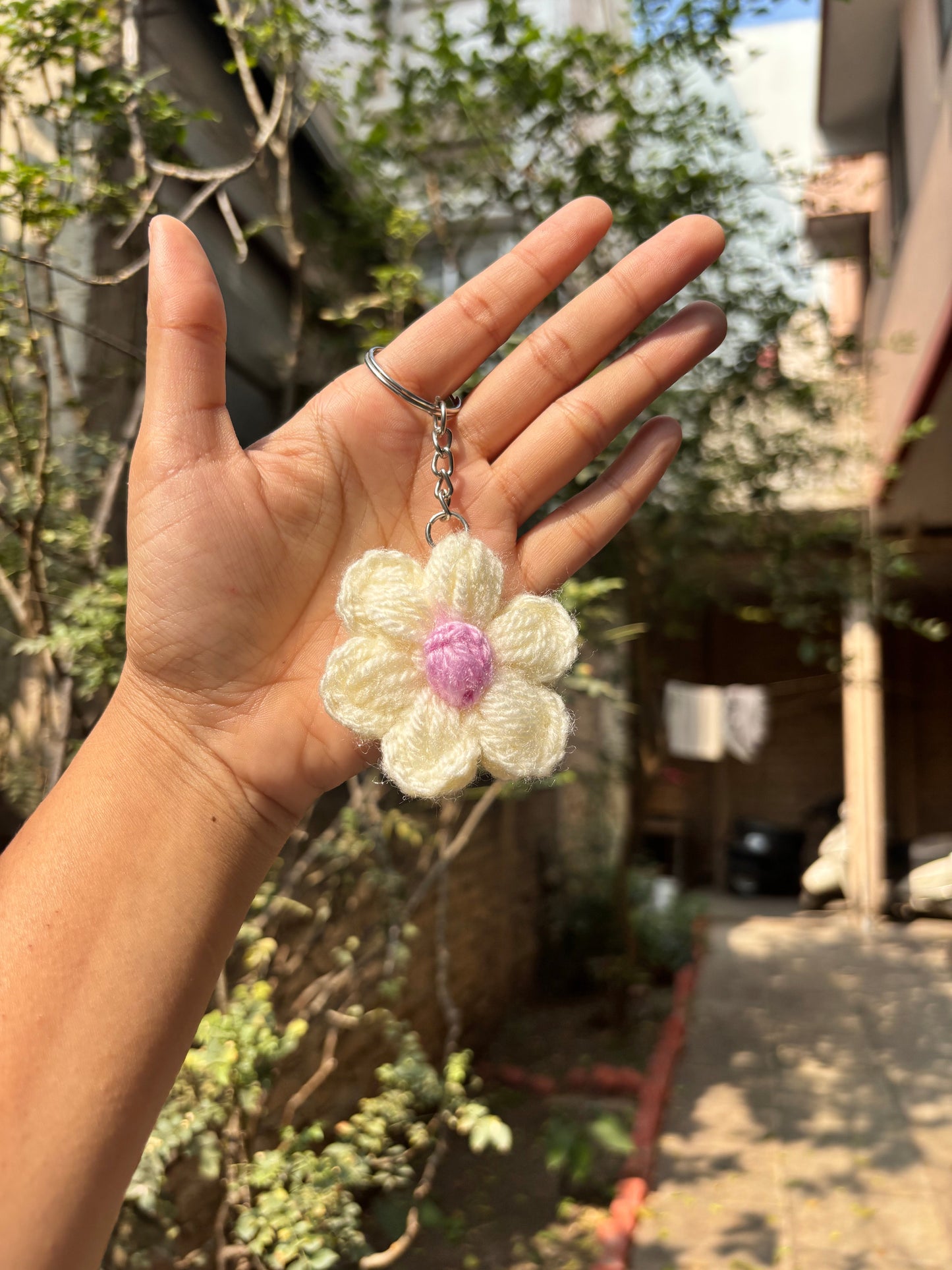 Crochet Keychain | Puff Flower | White With Brown Dot