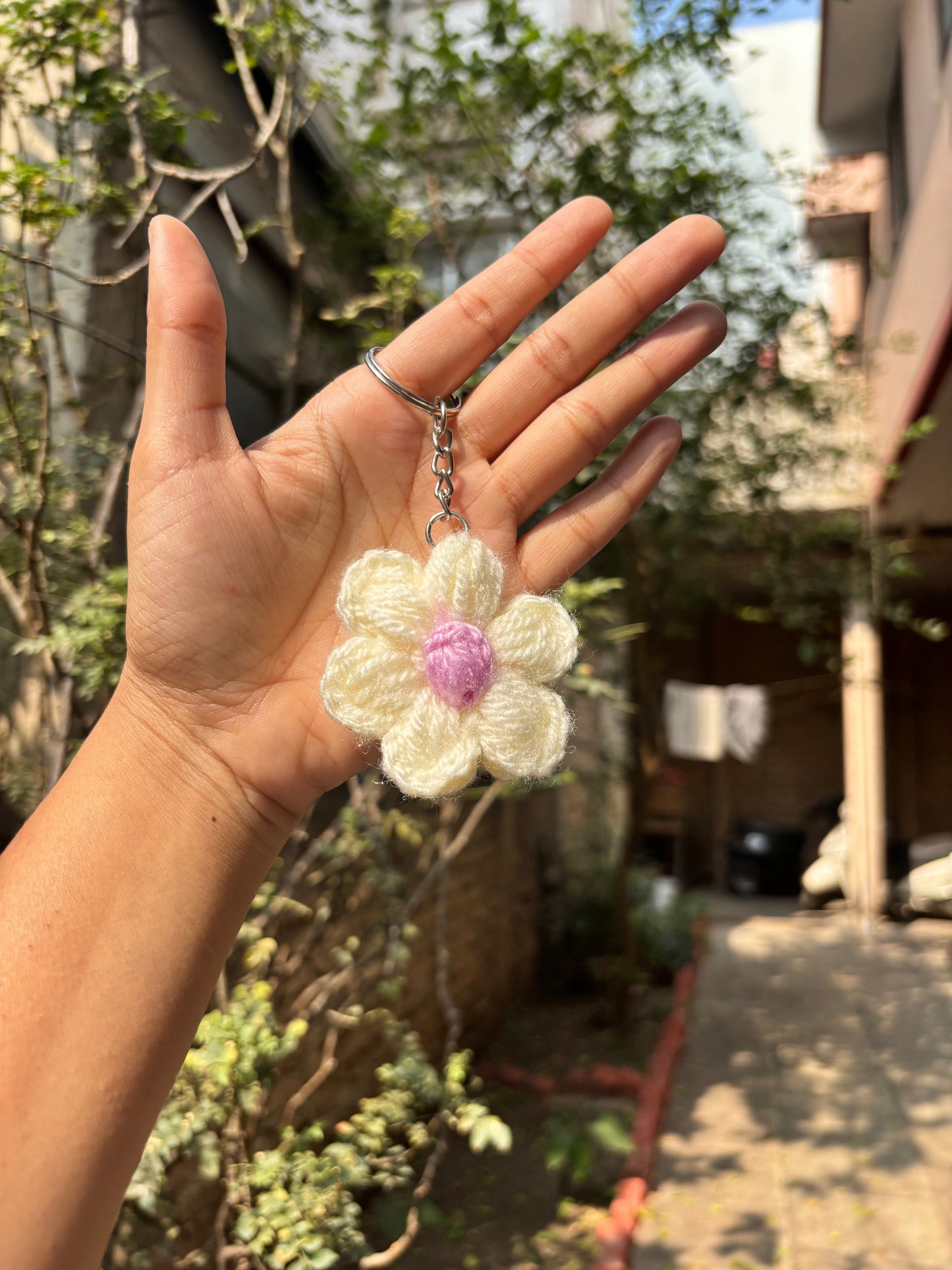Crochet Keychain | Puff Flower | White With Brown Dot