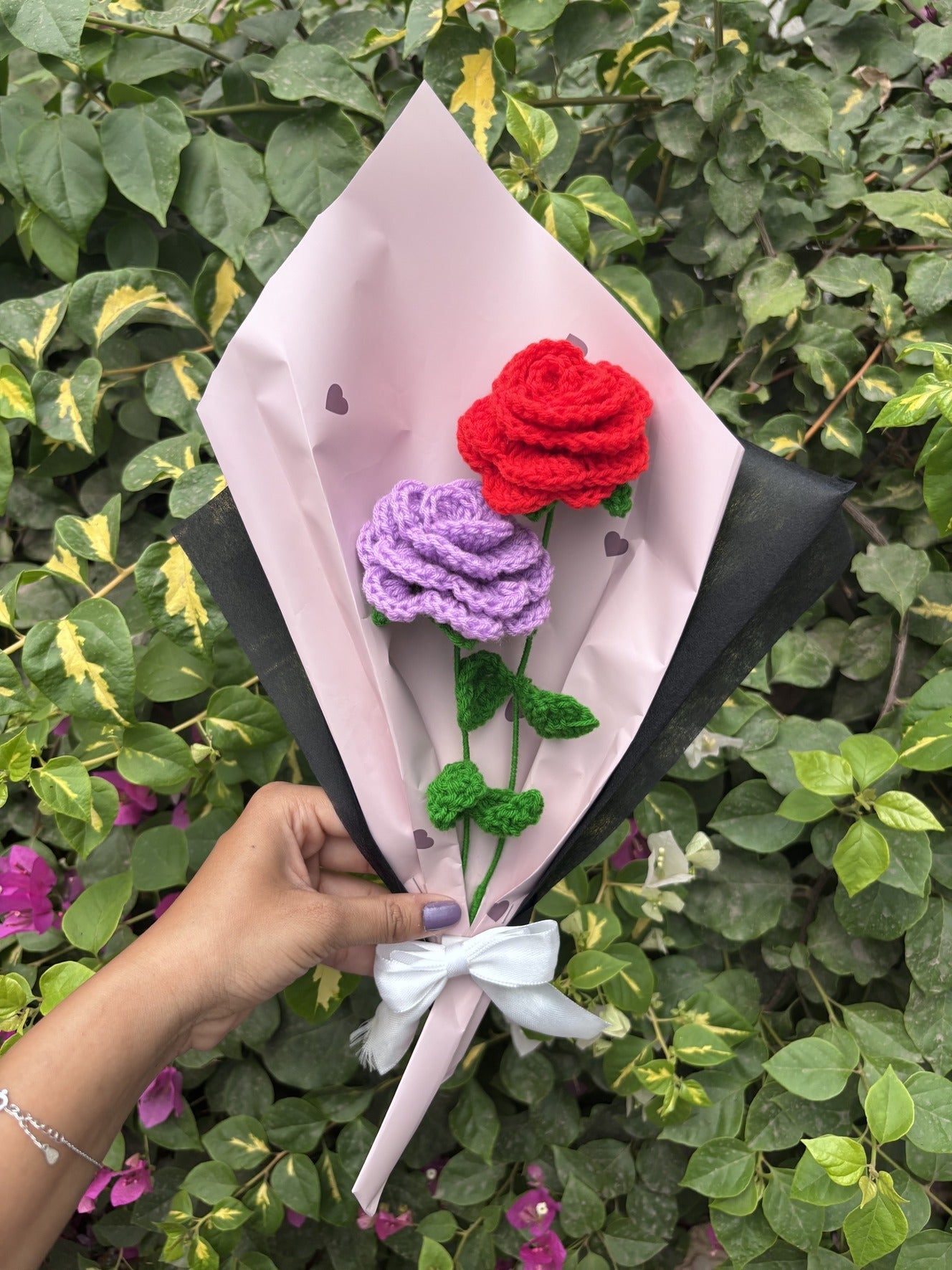 Crochet Bouquet | Lavendar Red Gulmohar Gulab