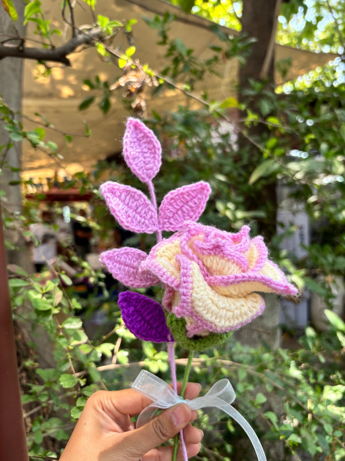 Crochet Flower Bouquet | Lavender Bordered Rose | Leaf Stick