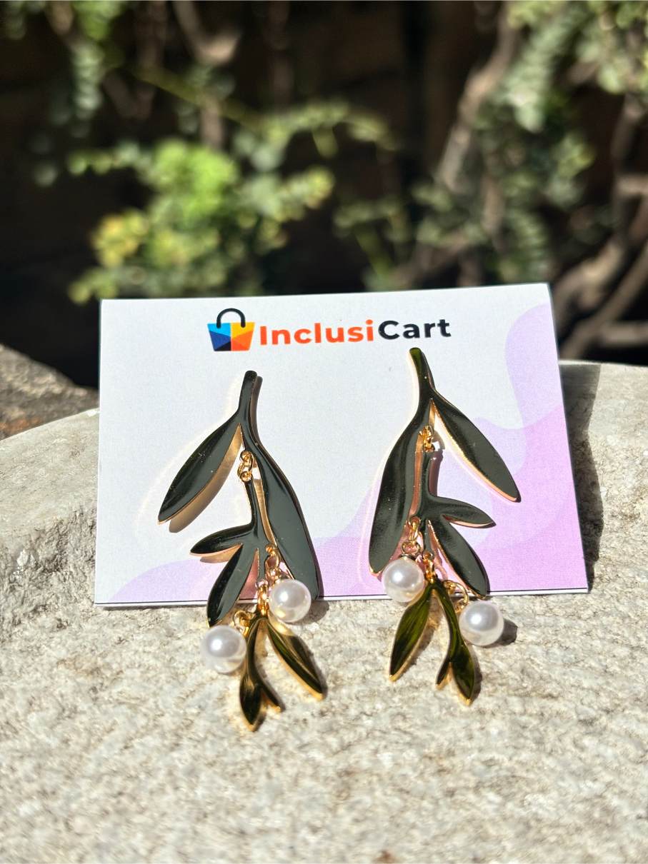 Leaf Design with Pearl Anti Tarnish Stud Earrings