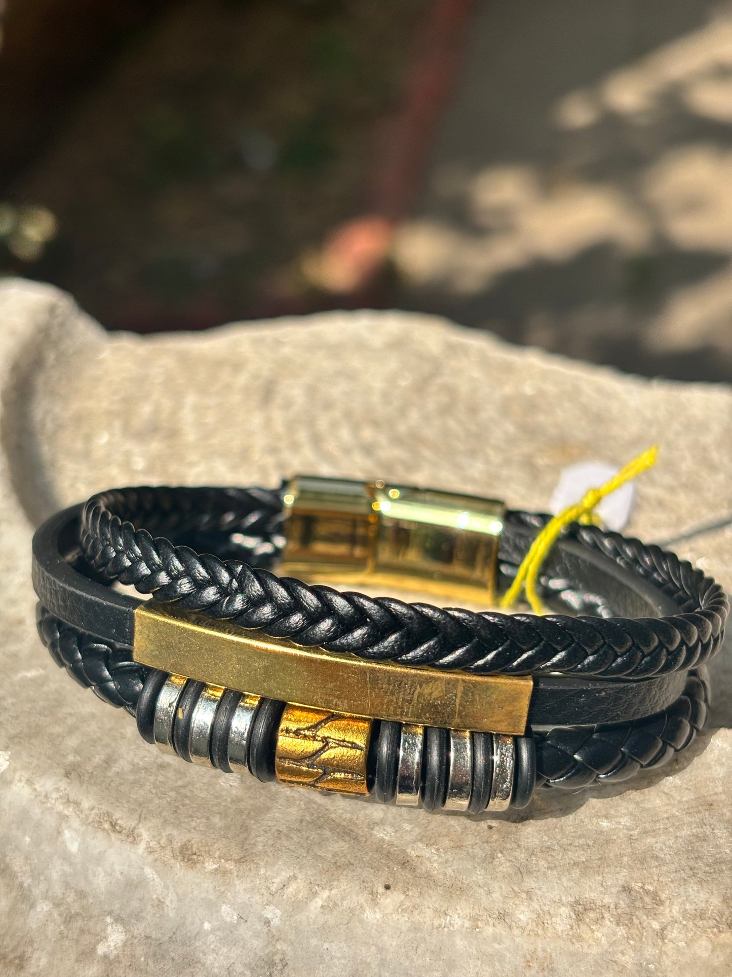 Mens Leather Bracelet | Braided with Gold Bar Charm