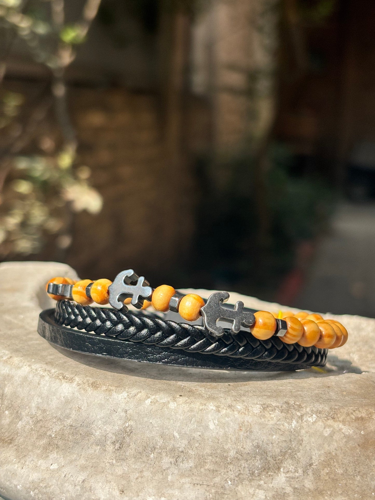 Mens Leather Bracelet | Multi Braided Strap Anchor Beads Leather Bracelet