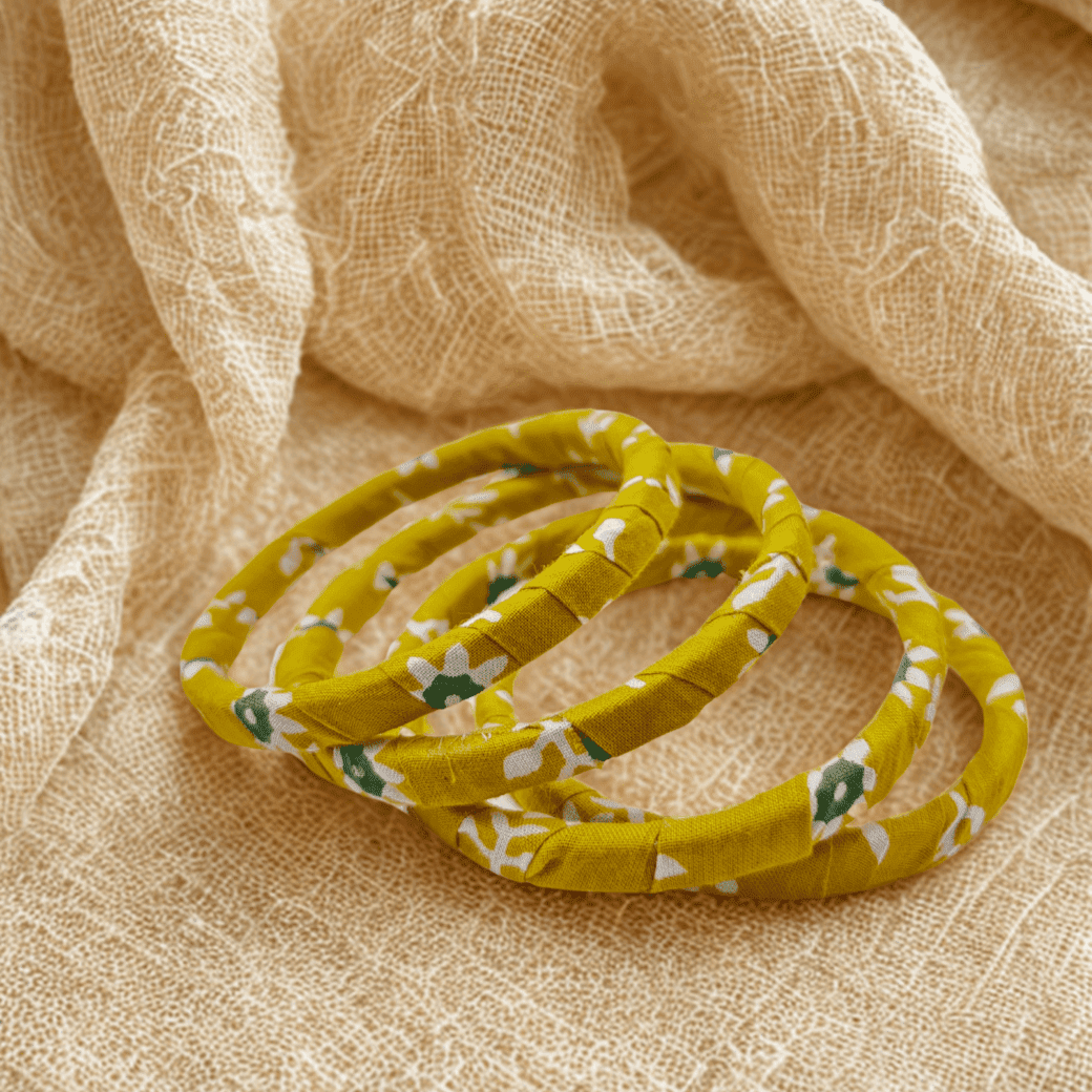Mustard Floral Fabric Bangles | Set of 4