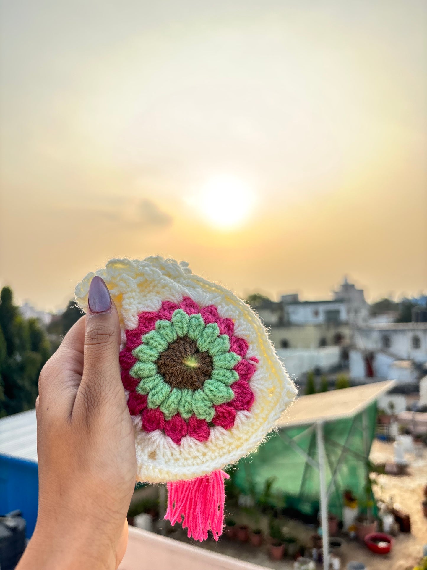 Crochet Potli Bag | Off White & Pink Mint Daisy Handmade Potli Bag